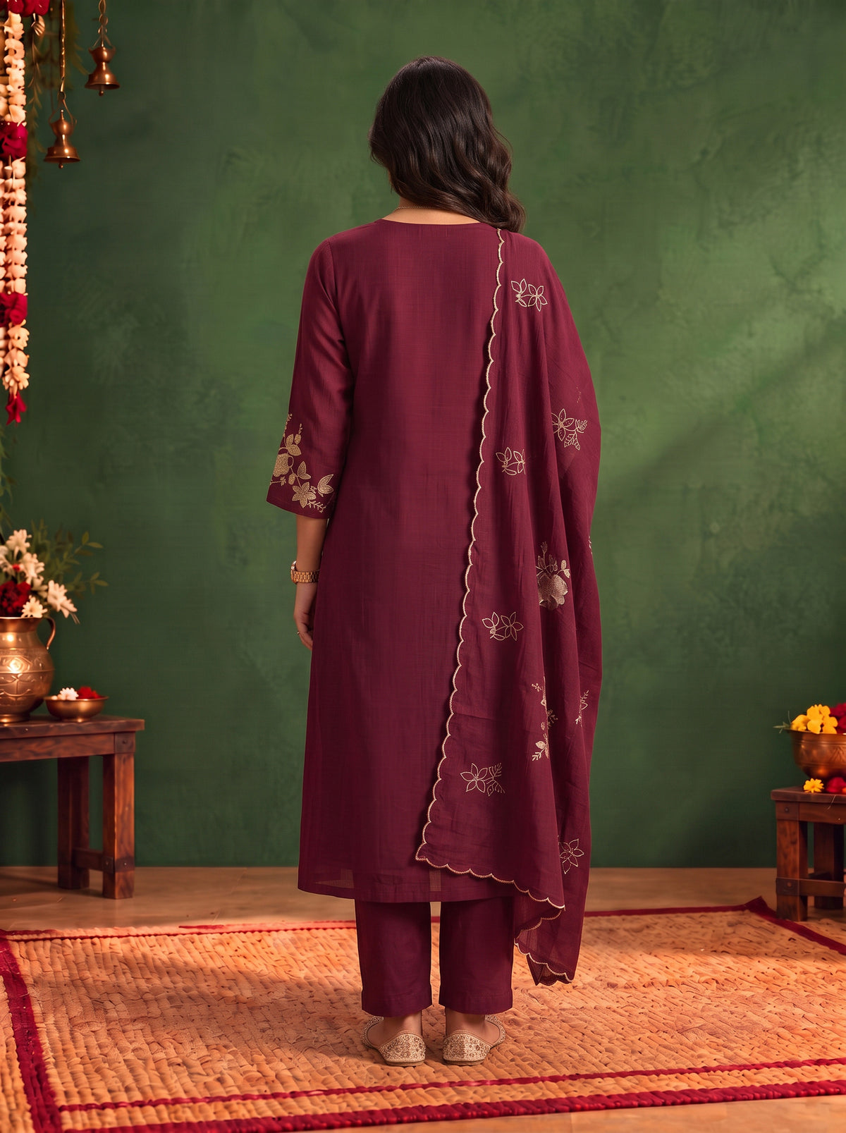 Buy Viscose Embroidered A-Line Calf Length Kurta With Pant and Dupatta-Maroon