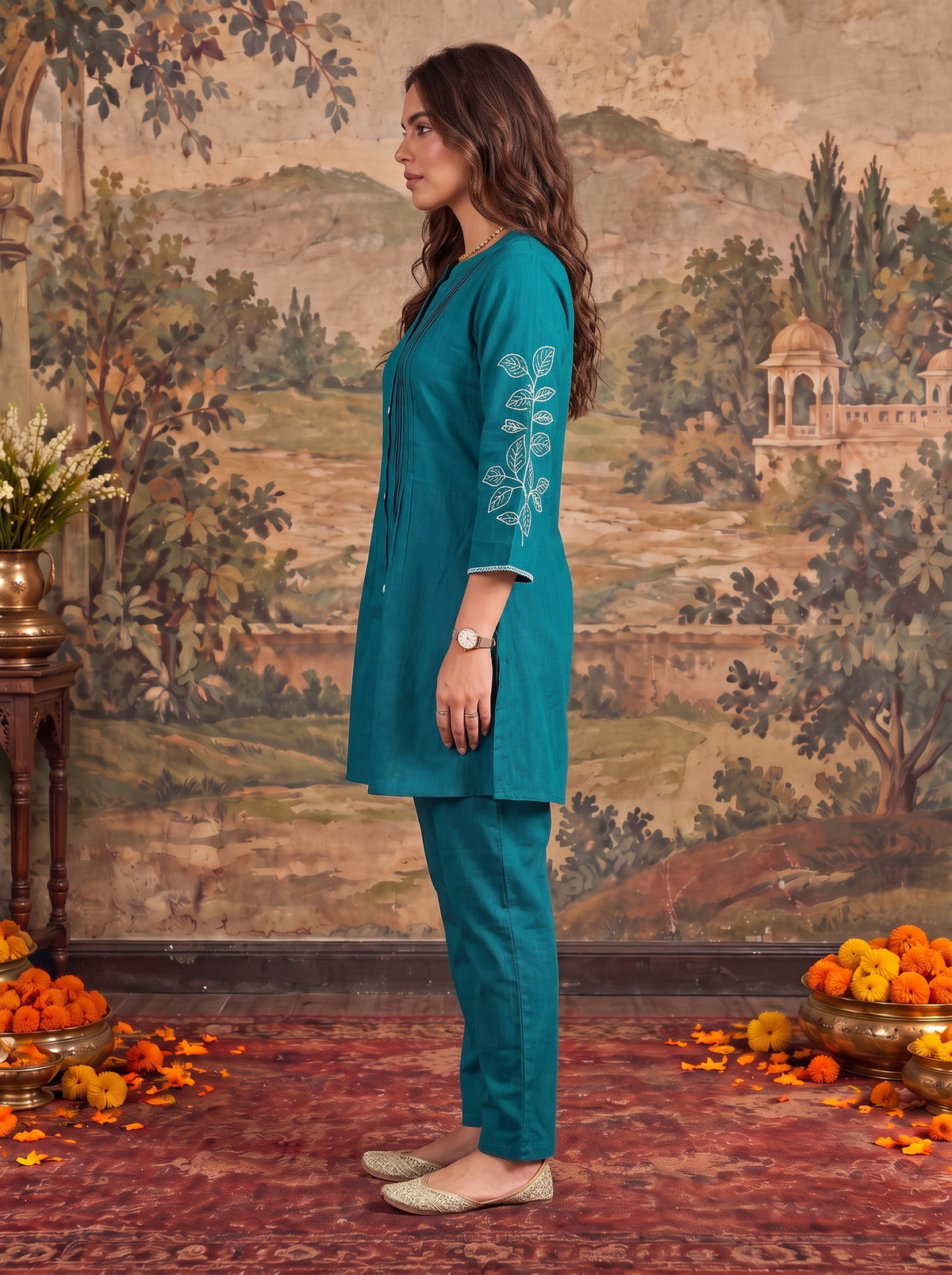 Buy Viscose Embroidered Straight Thigh Length Kurta With Pant-Turquoise