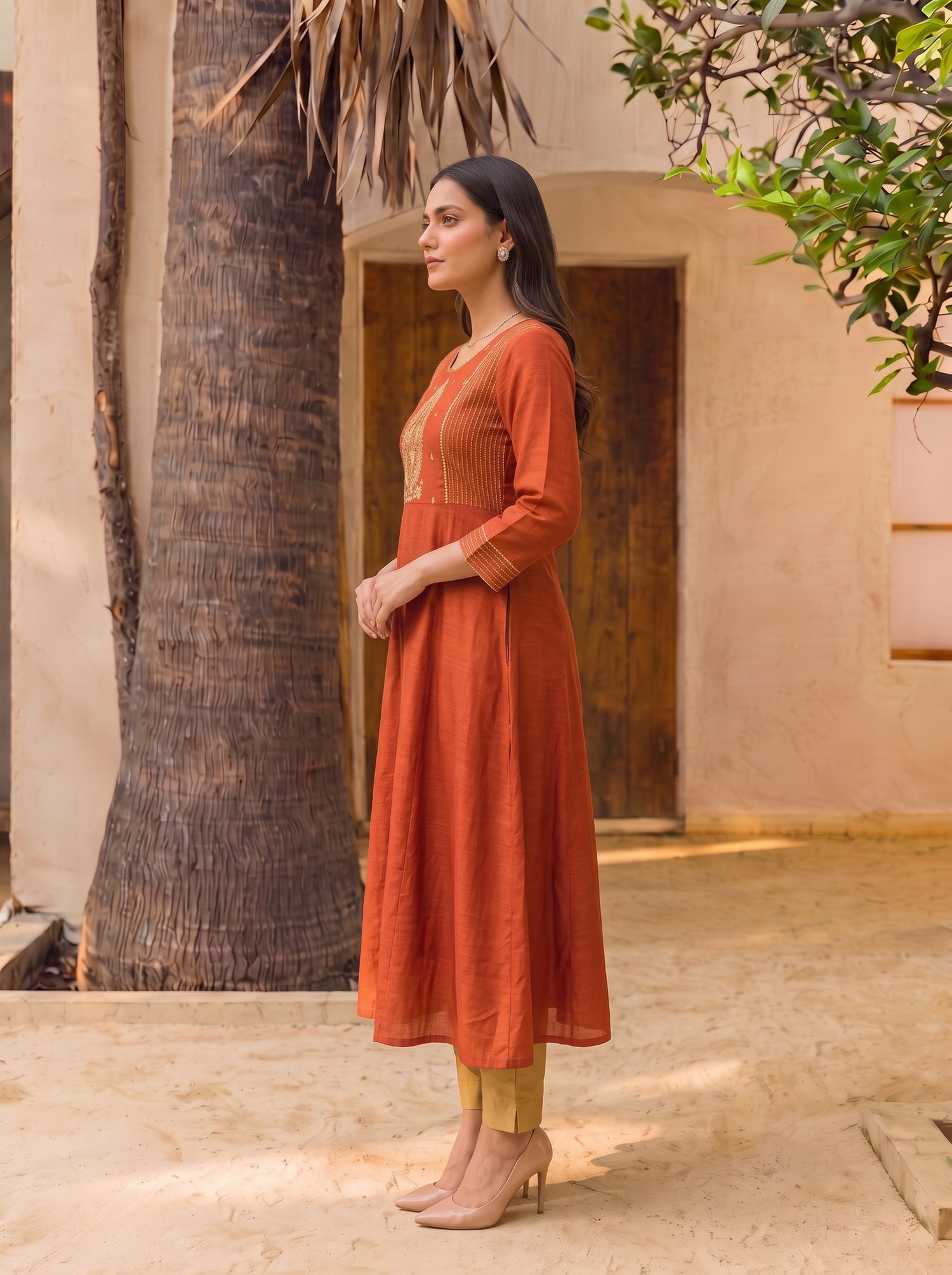 Buy Viscose Embroidered Straight Calf Length Kurta-Rust