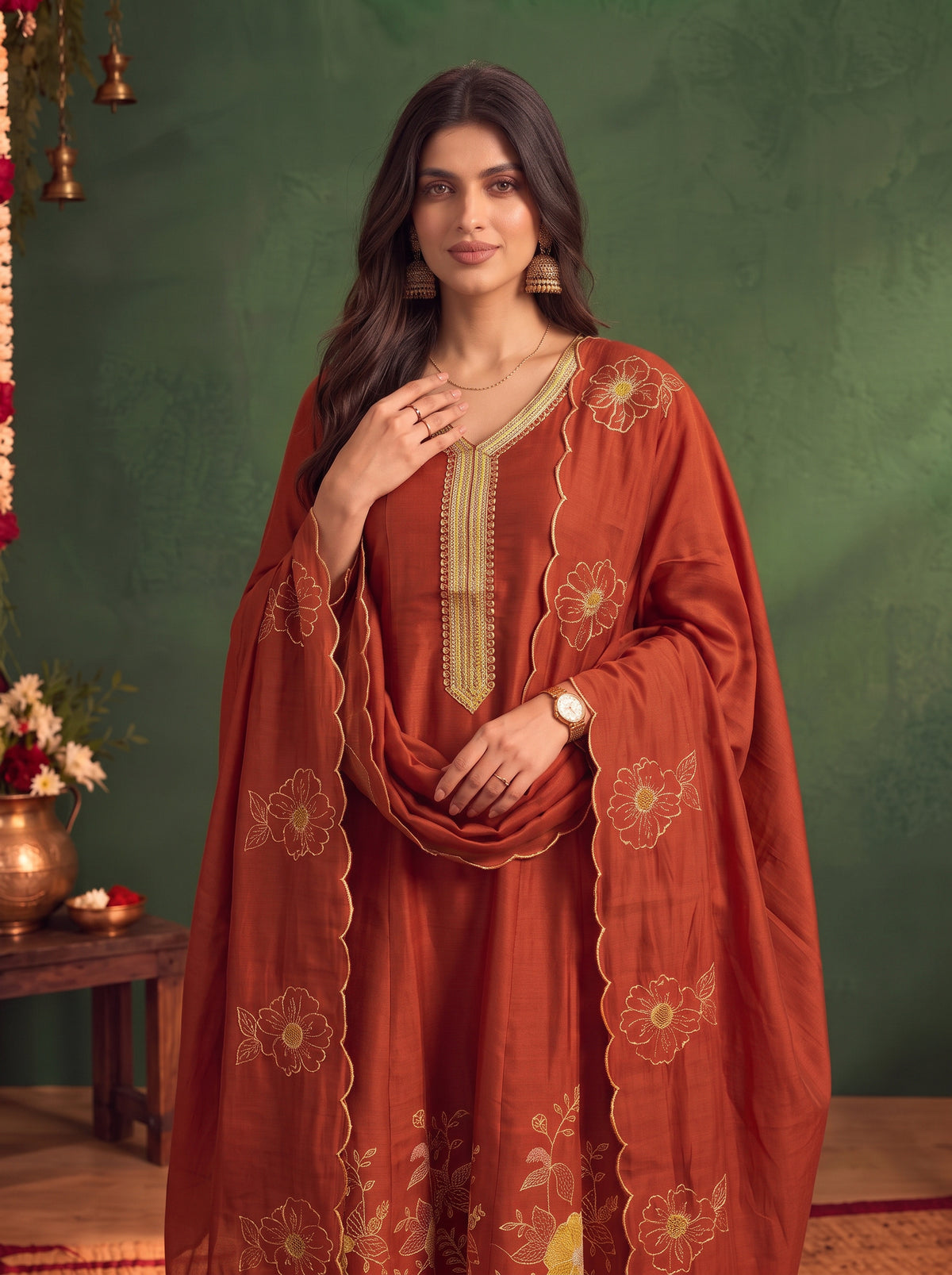 Buy Viscose Embroidered Flared Calf Length Kurta With Pant and Dupatta-Rust
