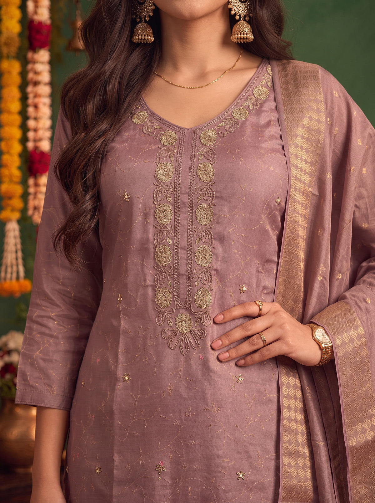 Buy Viscose Embroidered Straight Calf Length Kurta With Pant and Dupatta-Lavender