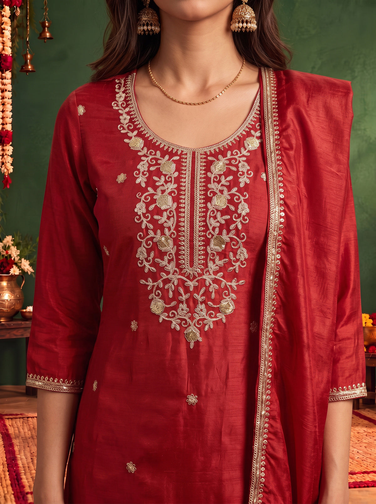 Buy Viscose Embroidered Straight Knee Length Kurta With Pant and Dupatta-Rust
