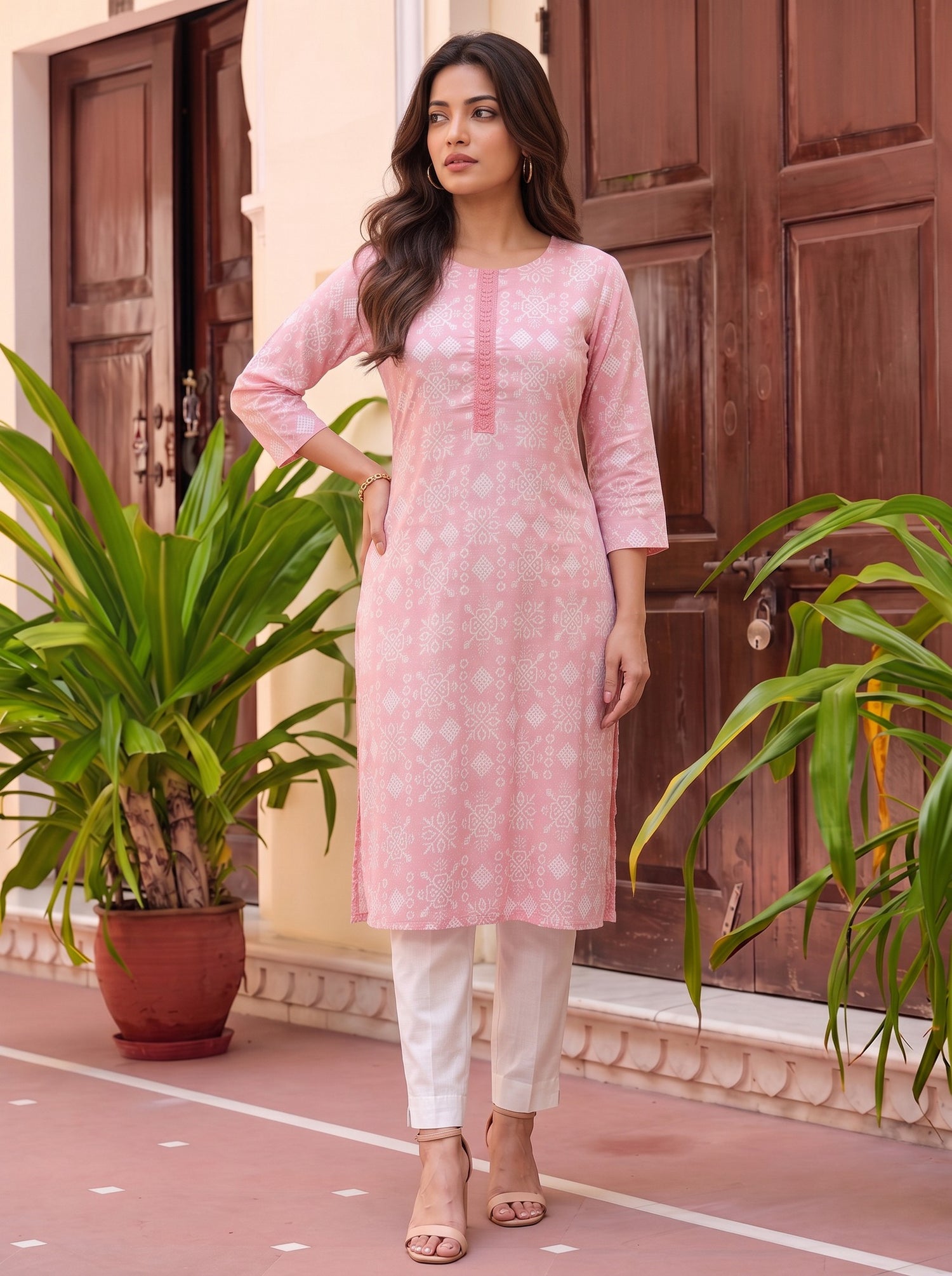 Buy Cotton Embroidered Straight Knee Length Kurta-Peach