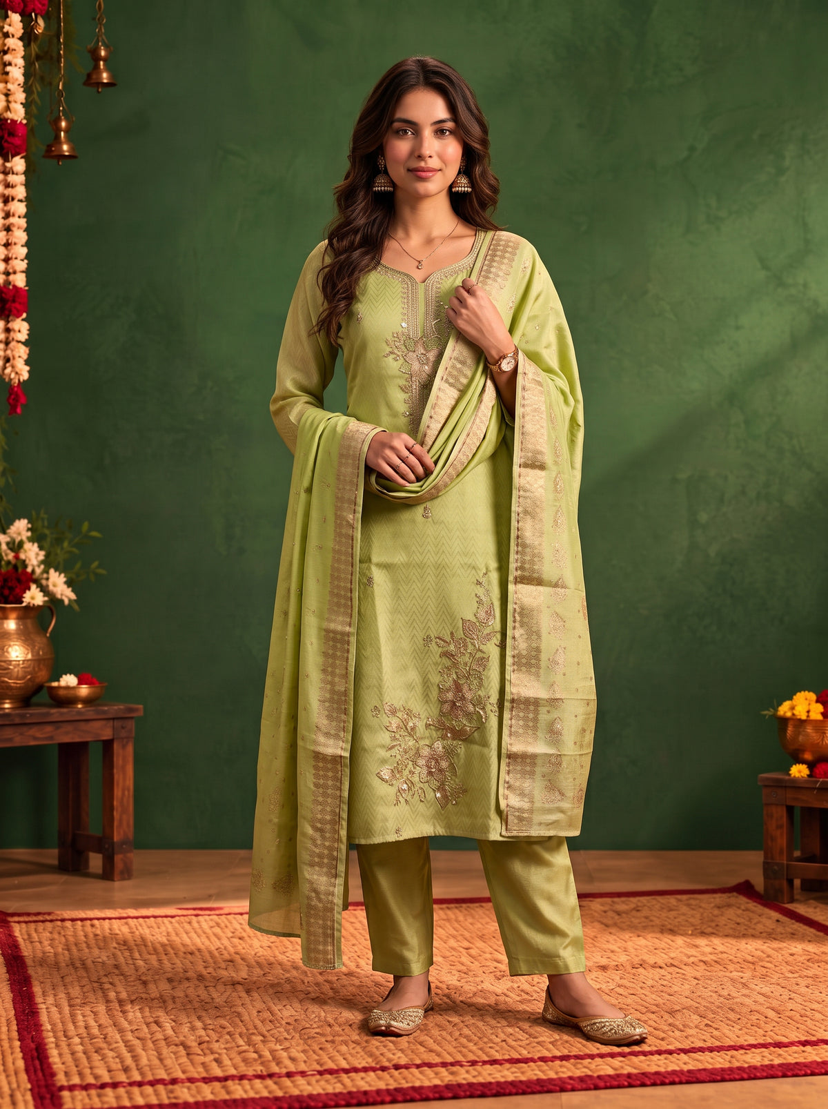 Buy Viscose Embroidered Straight Calf Length Kurta With Pant and Dupatta-Pista Green