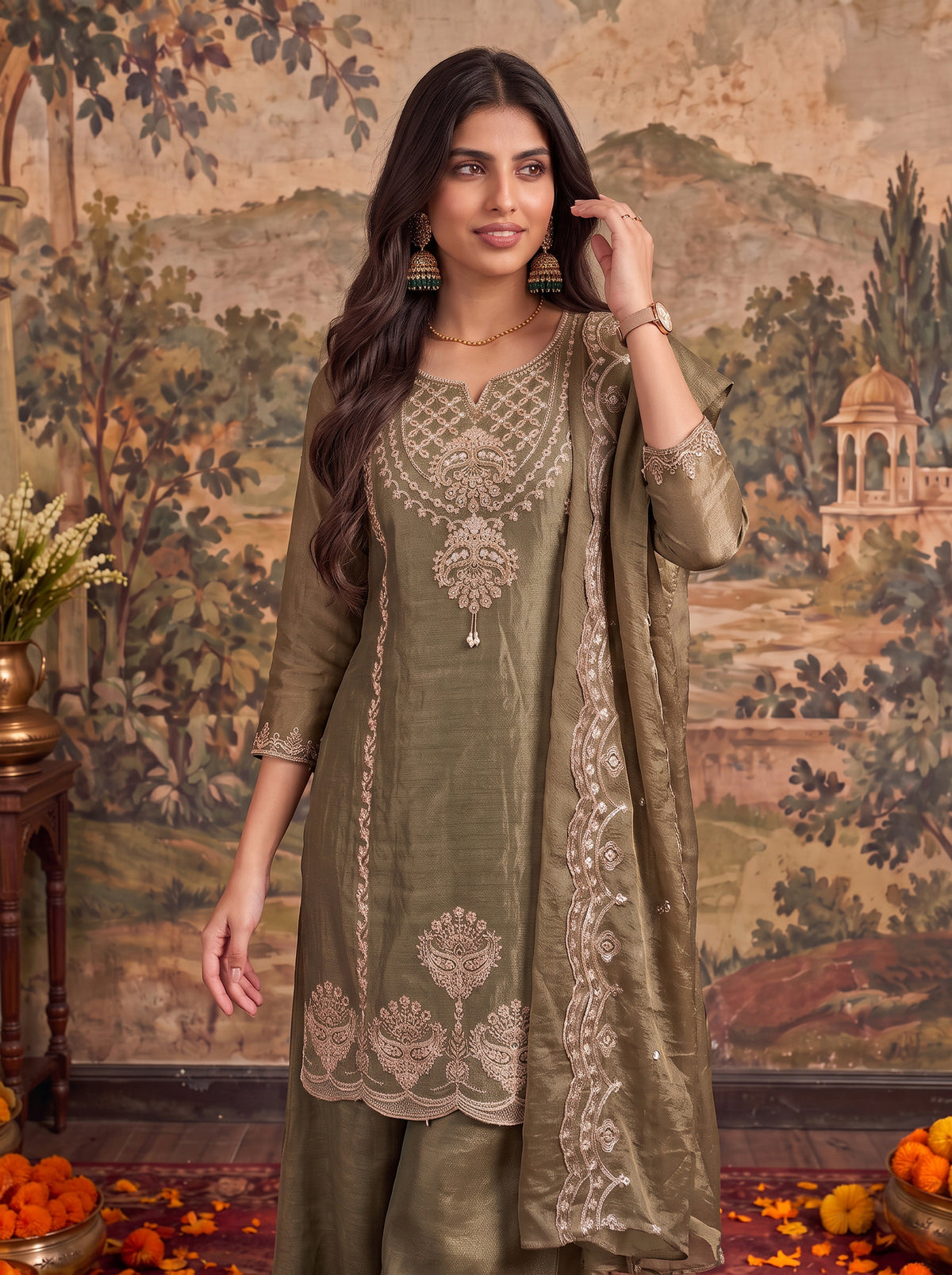 Buy Viscose Embroidered Straight Knee Length Kurta With Pant and Dupatta-Olive Green