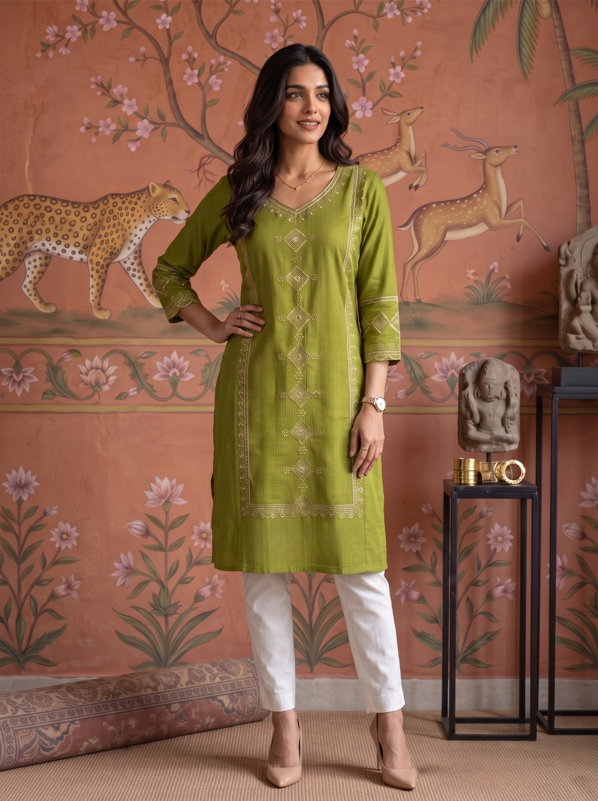 Buy Viscose Embroidered Straight Calf Length Kurta-Green