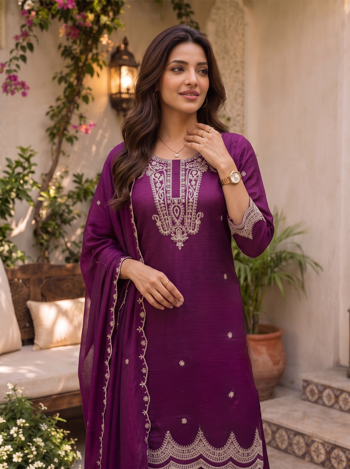 Viscose Embroidered Straight Knee Length Kurta With Pant and Dupatta