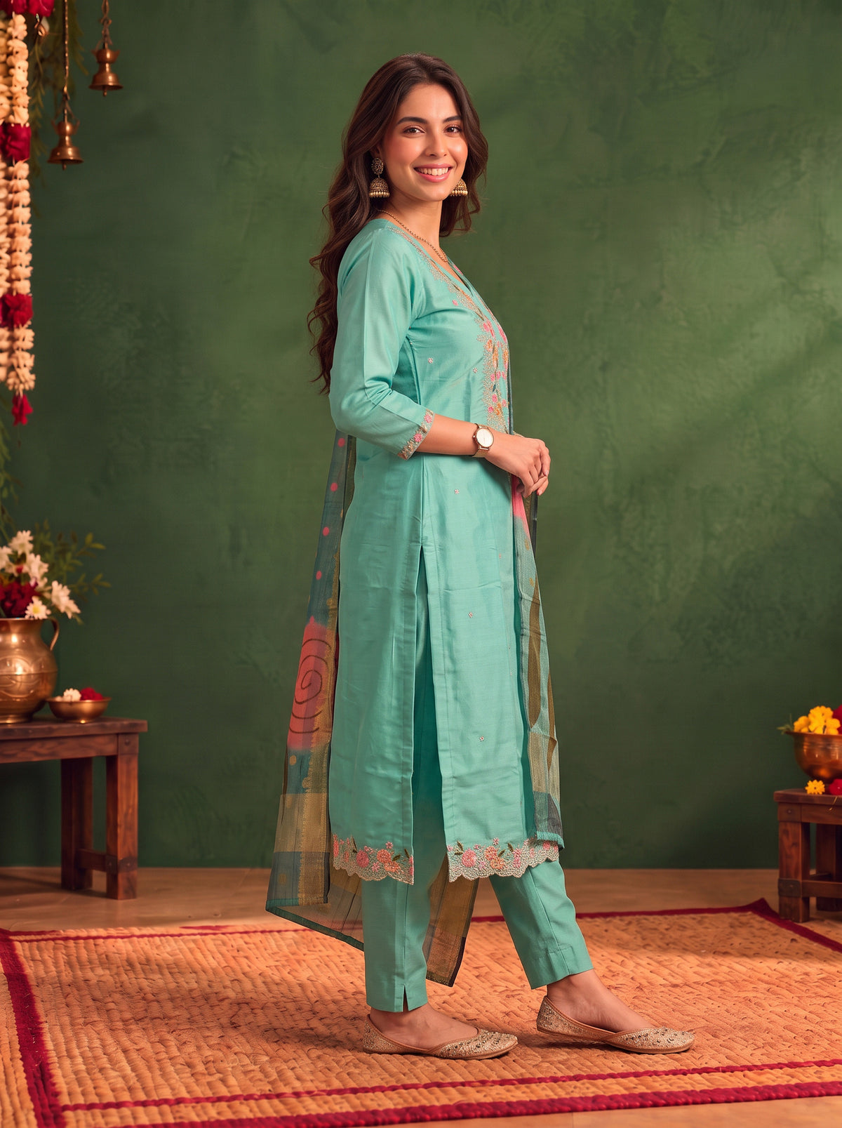 Buy Viscose Embroidered Straight Calf Length Kurta With Pant and Dupatta-Sea Green