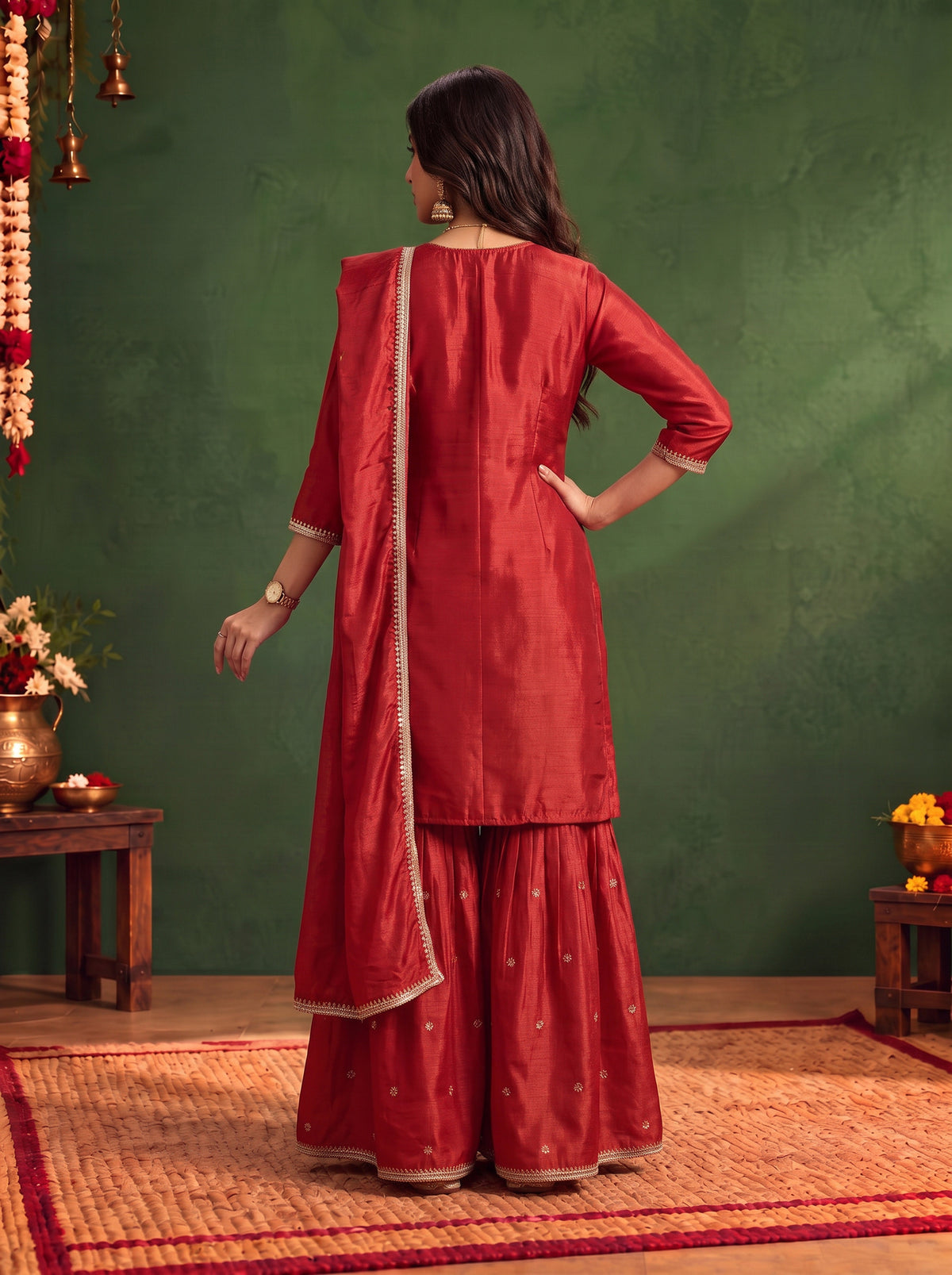 Buy Viscose Embroidered Straight Knee Length Kurta With Pant and Dupatta-Rust
