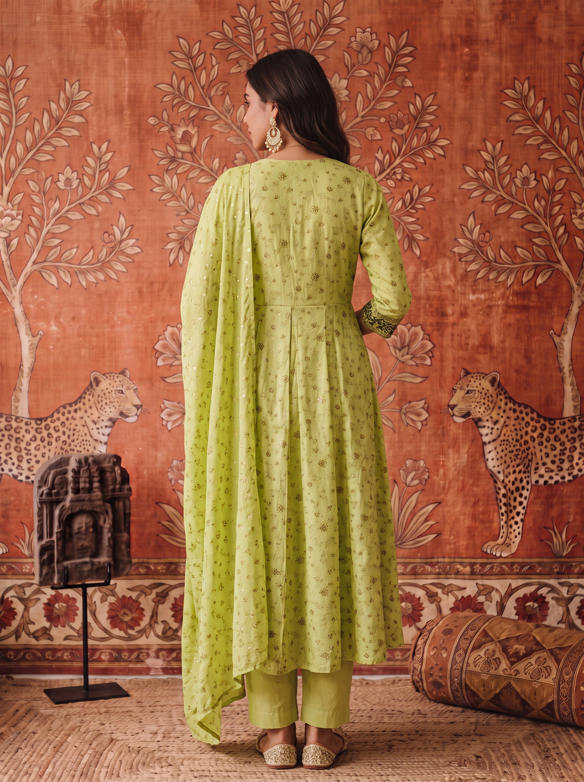 Buy Viscose Embroidered Flared Calf Length Kurta With Pant and Dupatta-Pista Green