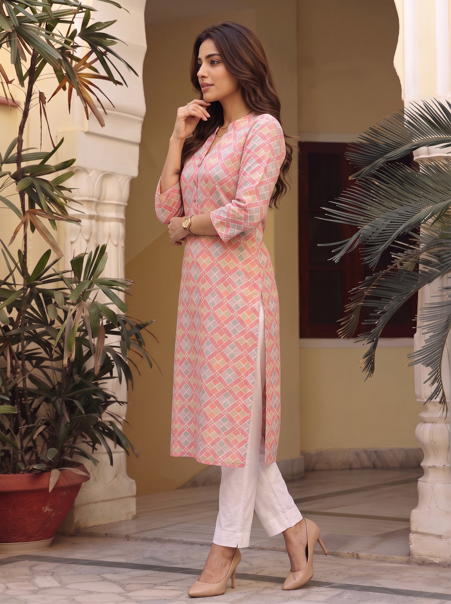 Buy Viscose Printed Straight Knee Length Kurta-Pink