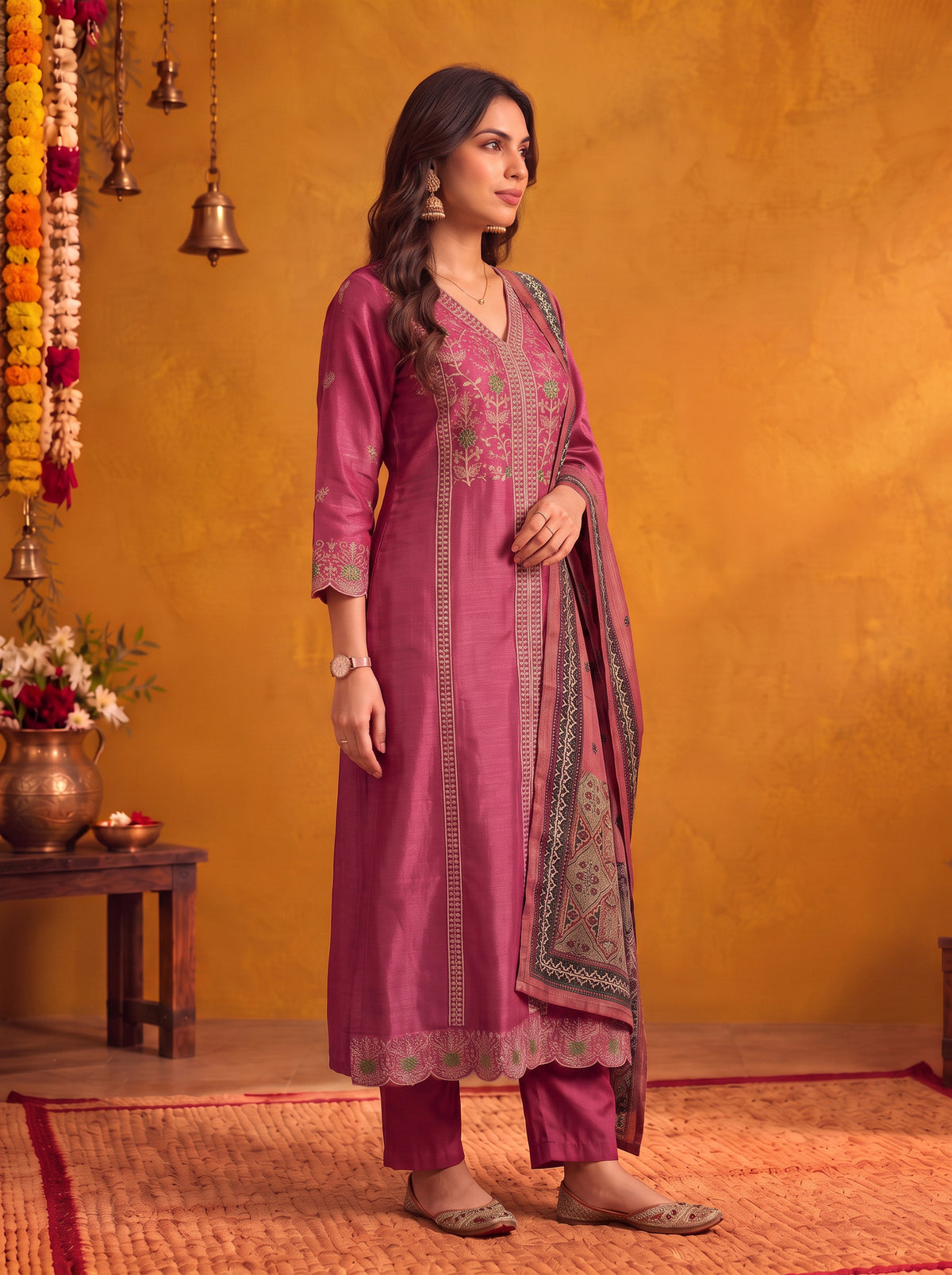 Viscose Embroidered Flared Calf Length Kurta With Pant and Dupatta