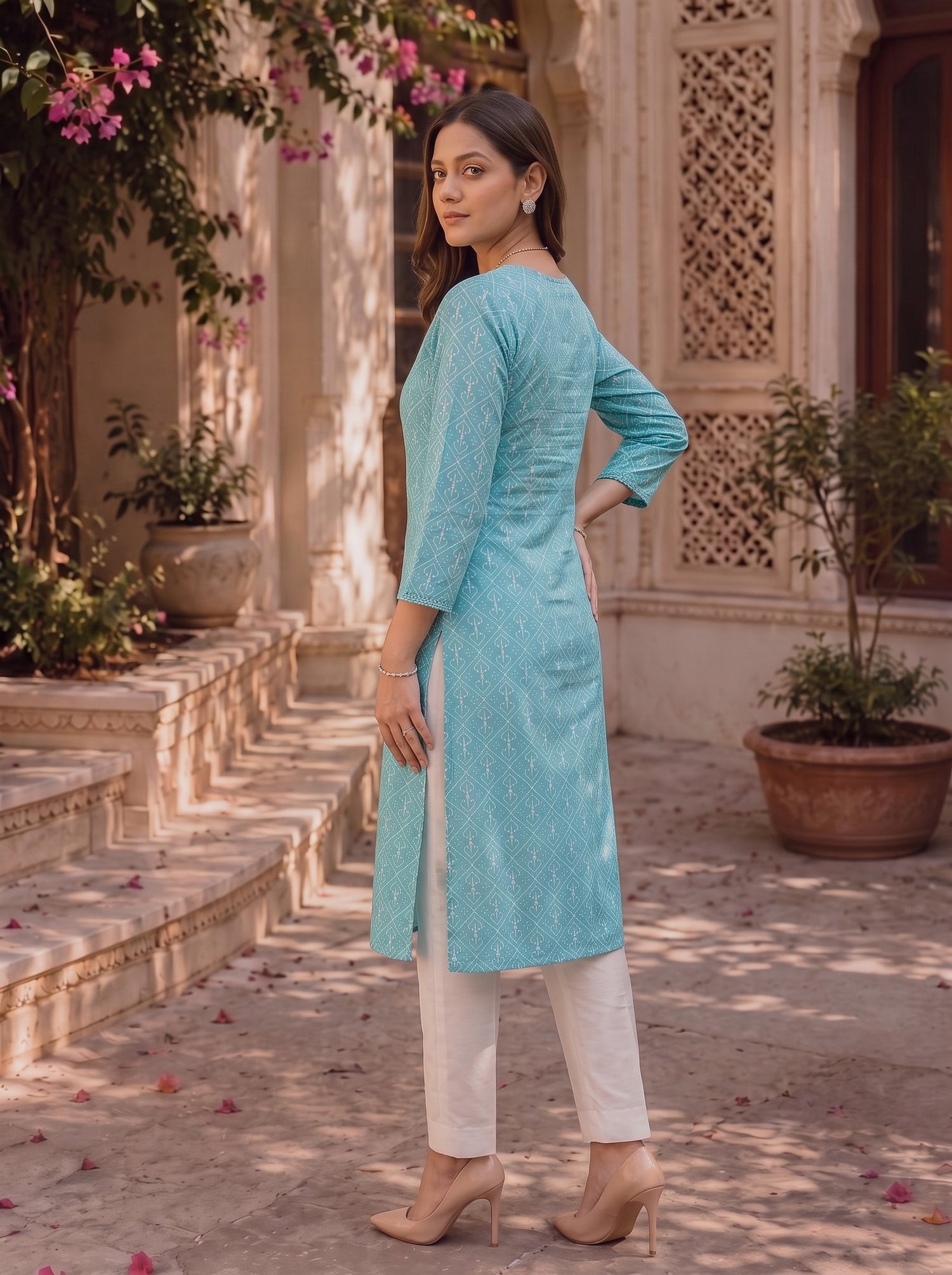 Buy Cotton Embroidered Straight Knee Length Kurta-Light Blue