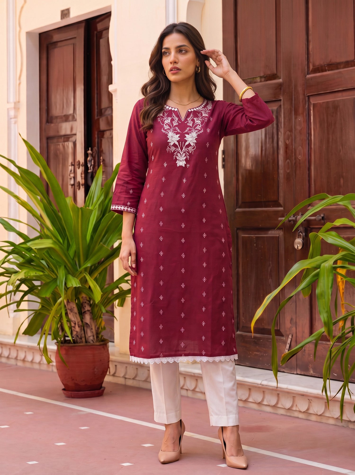 Buy Rayon Embroidered Straight Calf Length Kurta-Pink