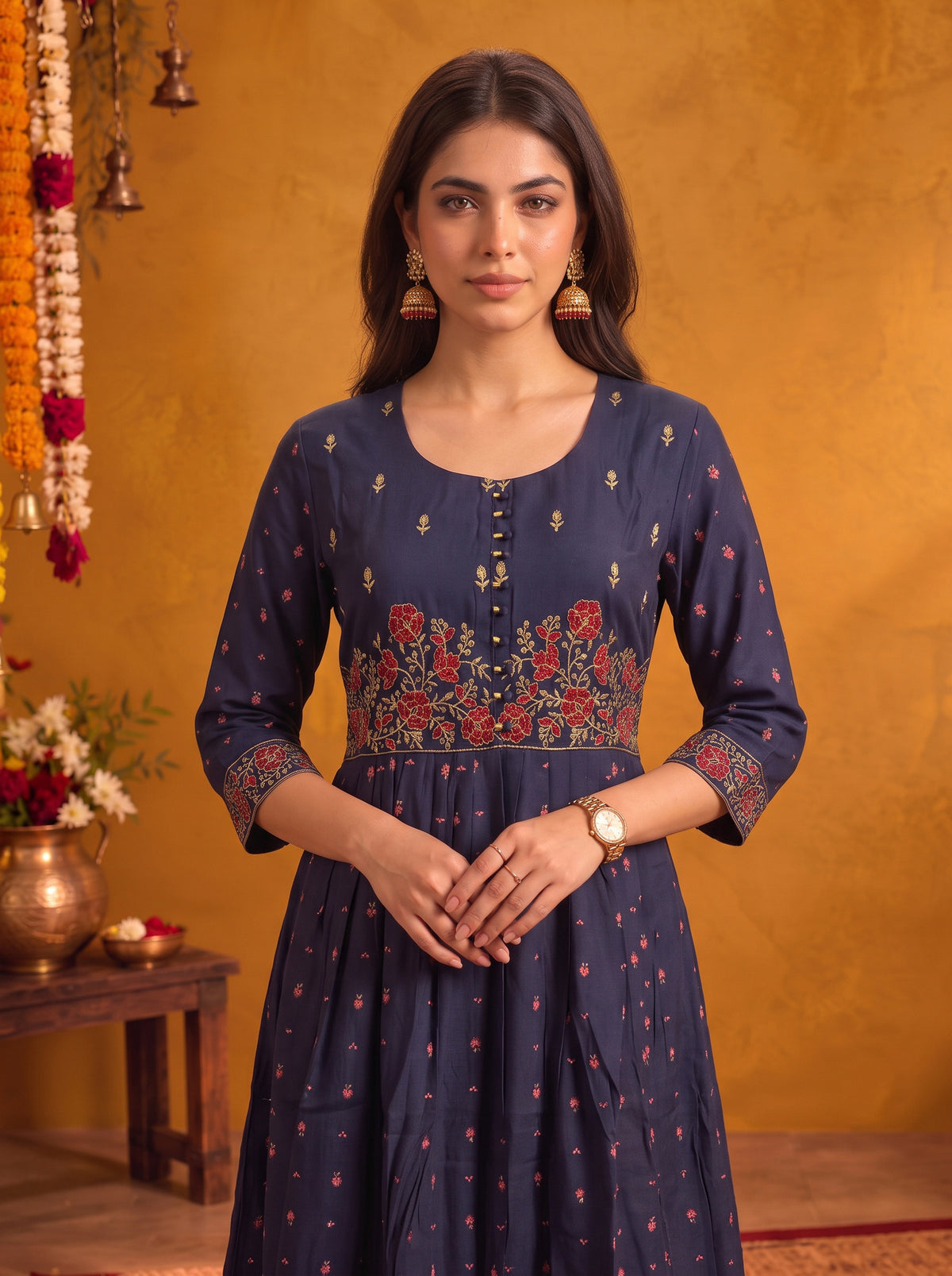 Buy Viscose Embroidered Flared Calf Length Kurta-Blue