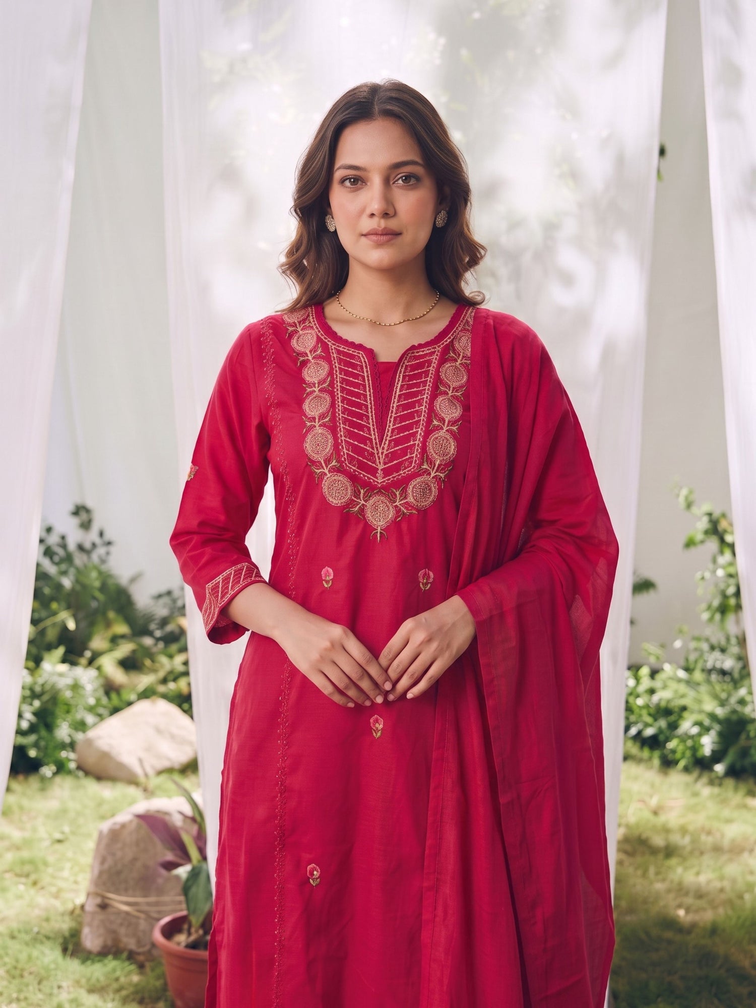 Buy Cotton Embroidered A-Line Calf Length Kurta With Pant-Pink