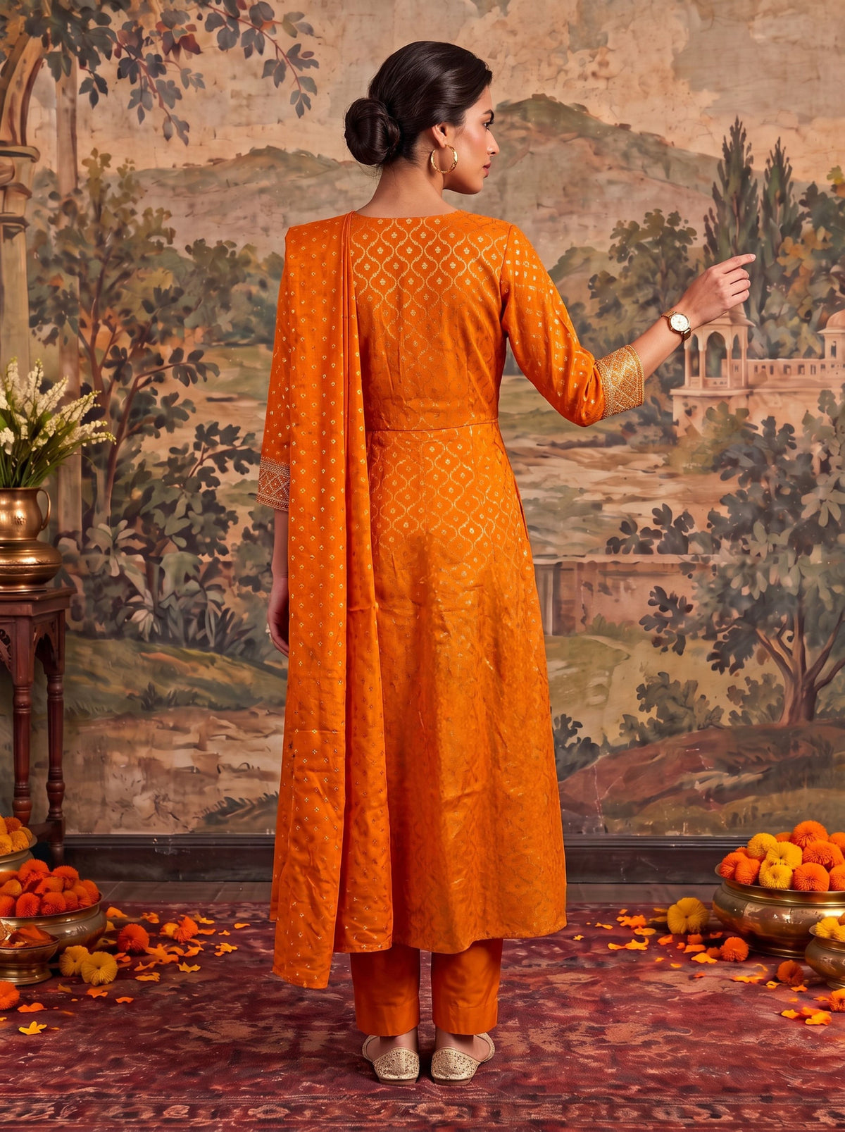 Buy Viscose Embroidered Flared Calf Length Kurta With Pant and Dupatta-Orange