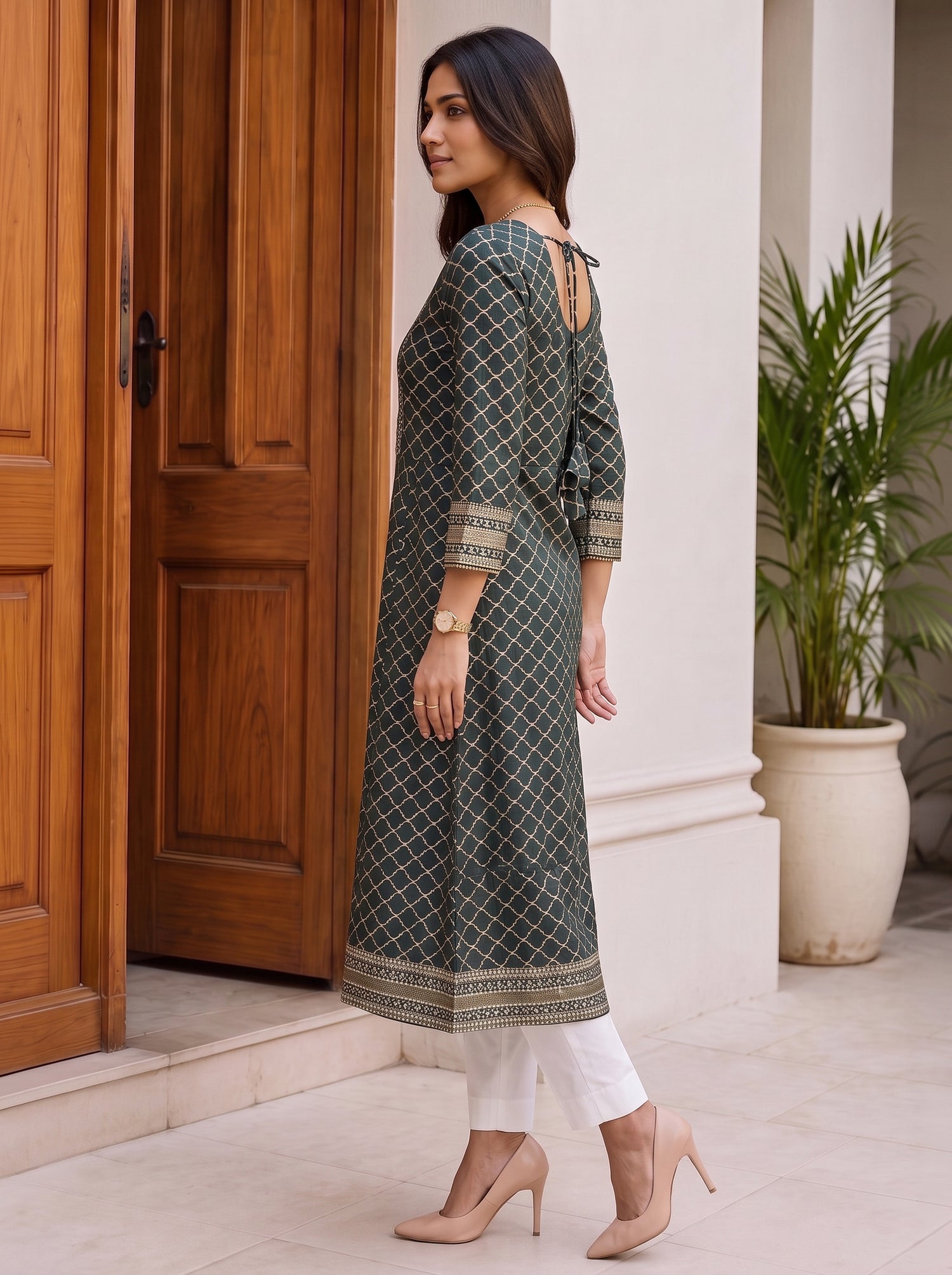 Buy Viscose Embroidered Flared Calf Length Kurta-Dark Green