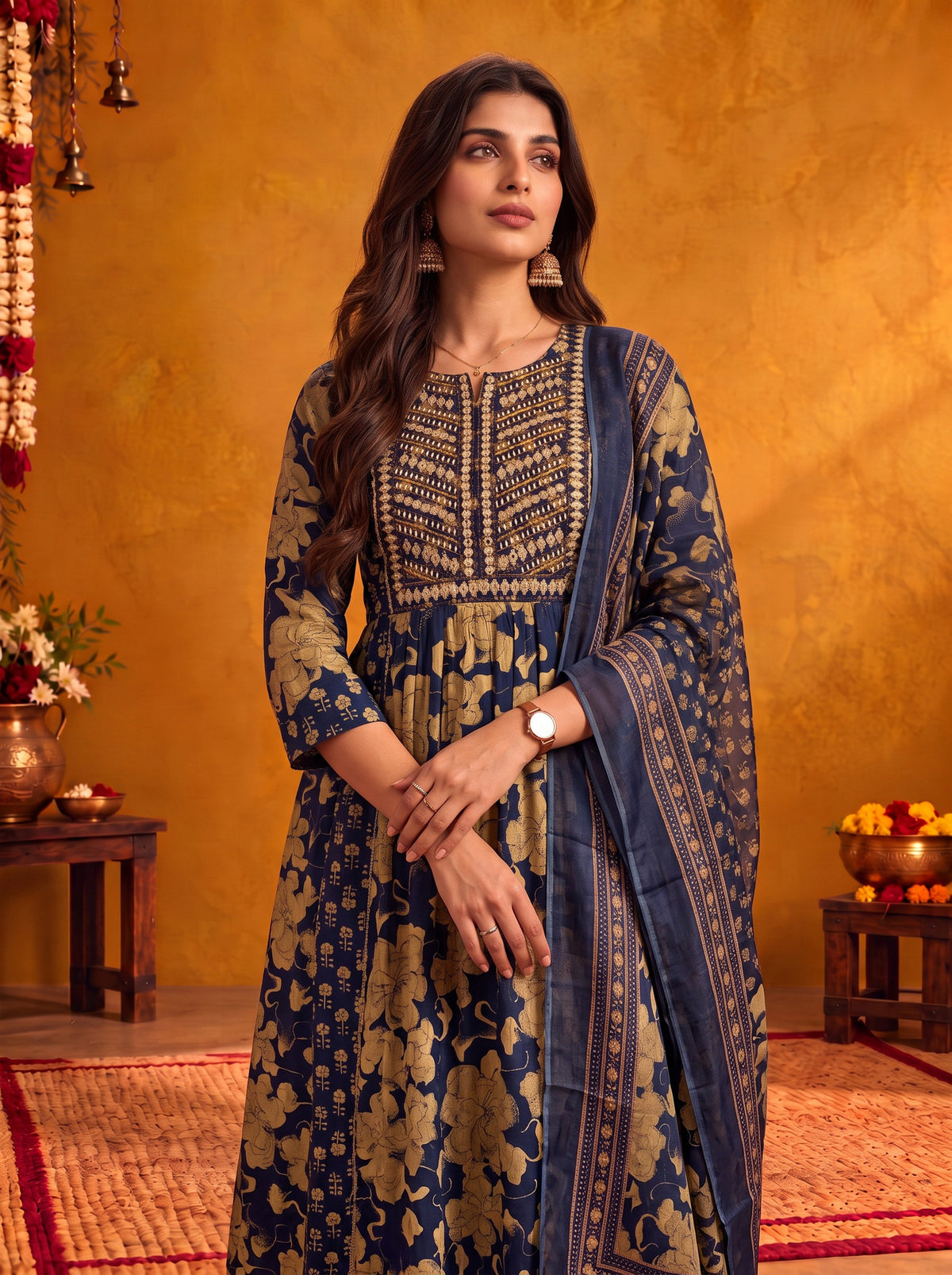 Buy Cotton Embroidered Flared Calf Length Kurta With Pant and Dupatta-Navy Blue