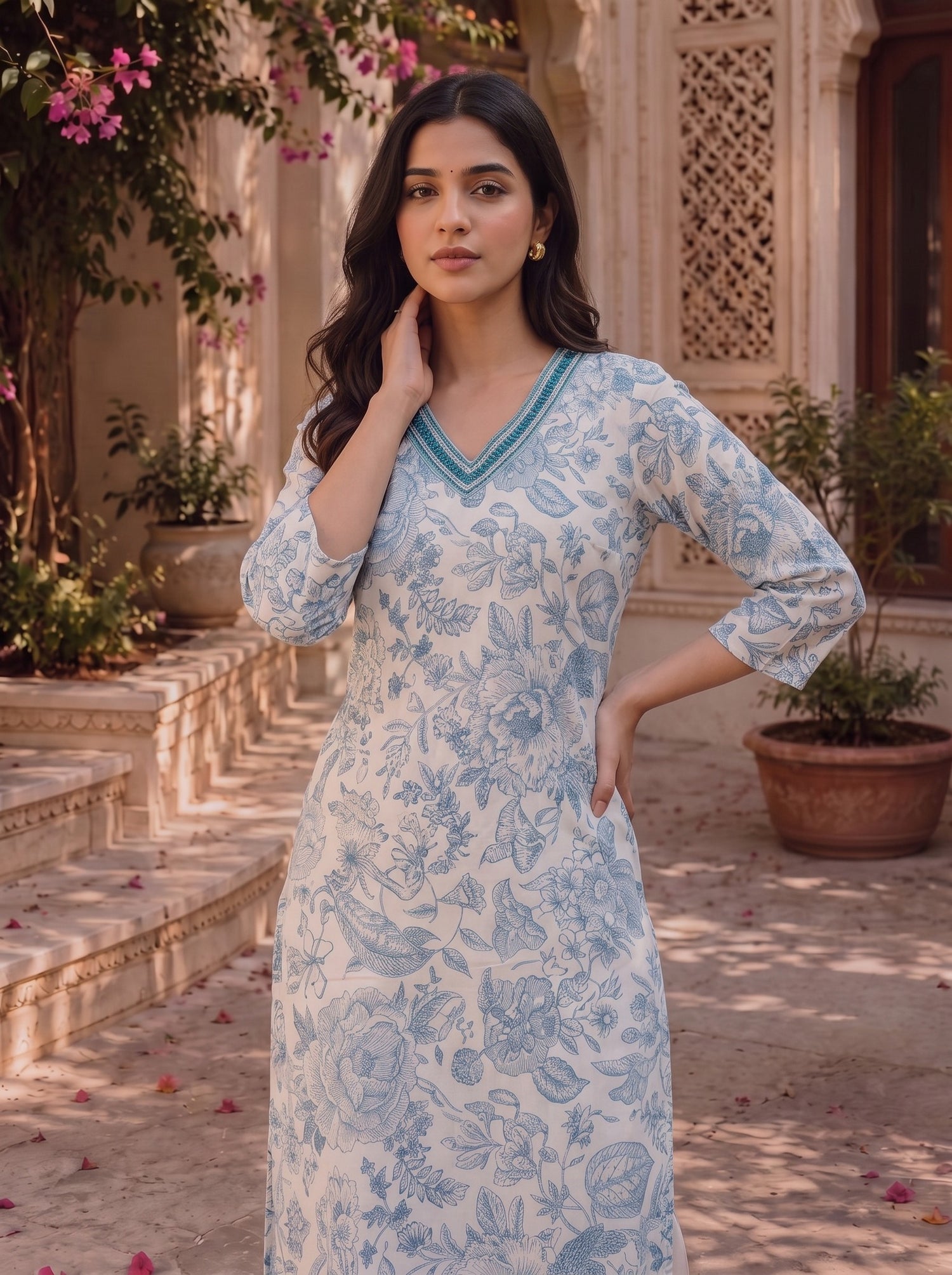 Buy Rayon Printed Straight Knee Length Kurta-Blue