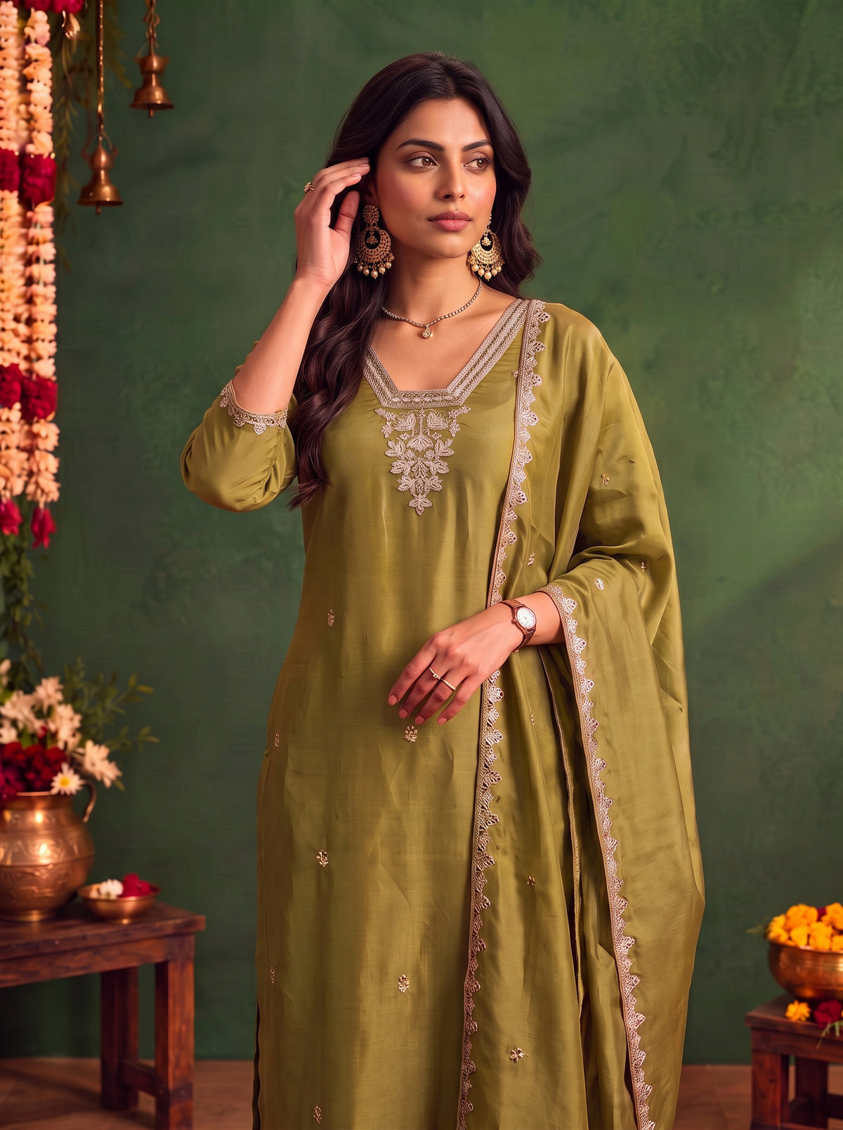 Chanderi Embroidered Straight Calf Length Kurta With Pant and Dupatta