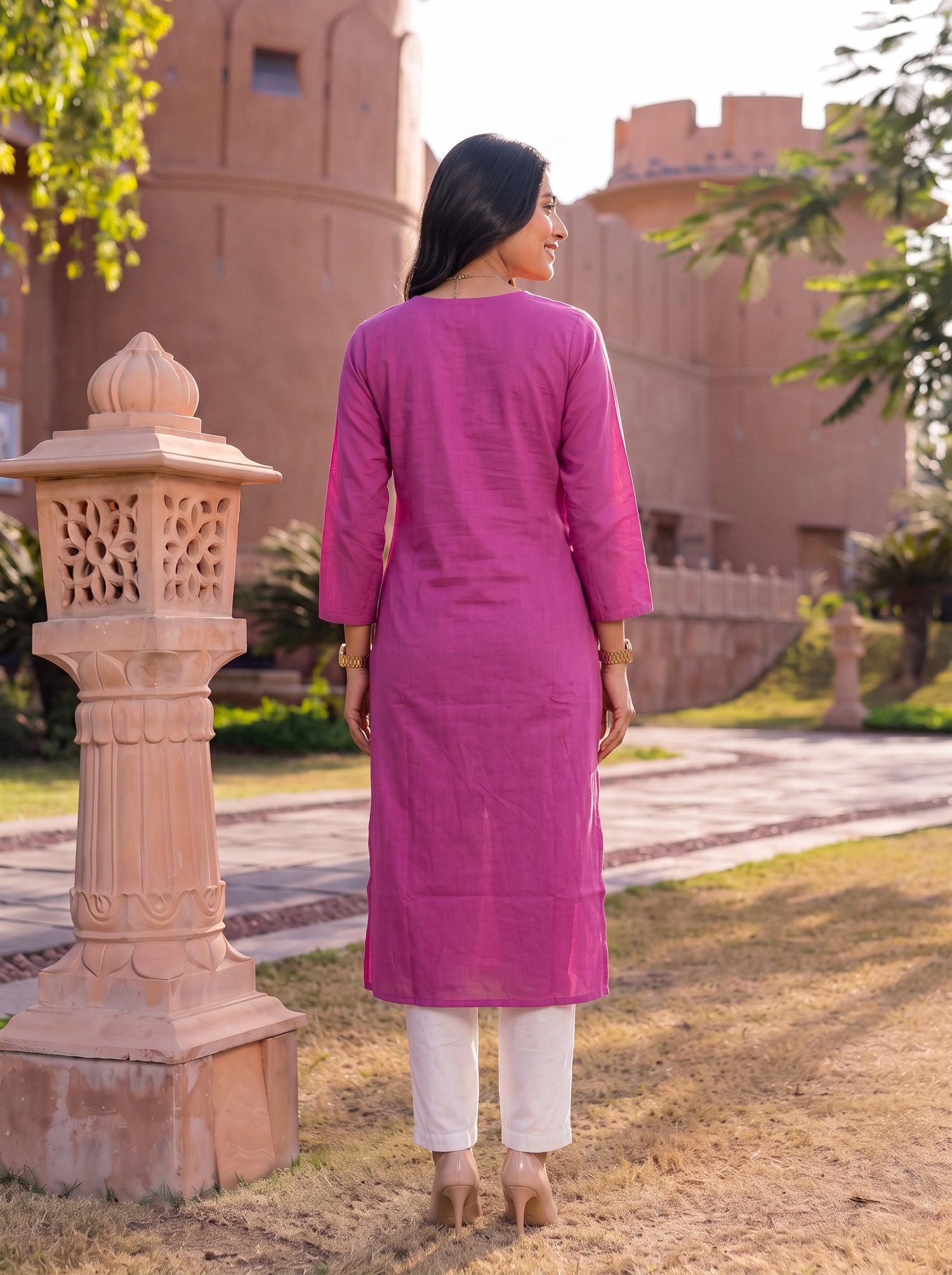 Buy Cotton Embroidered Straight Calf Length Kurta-Pink