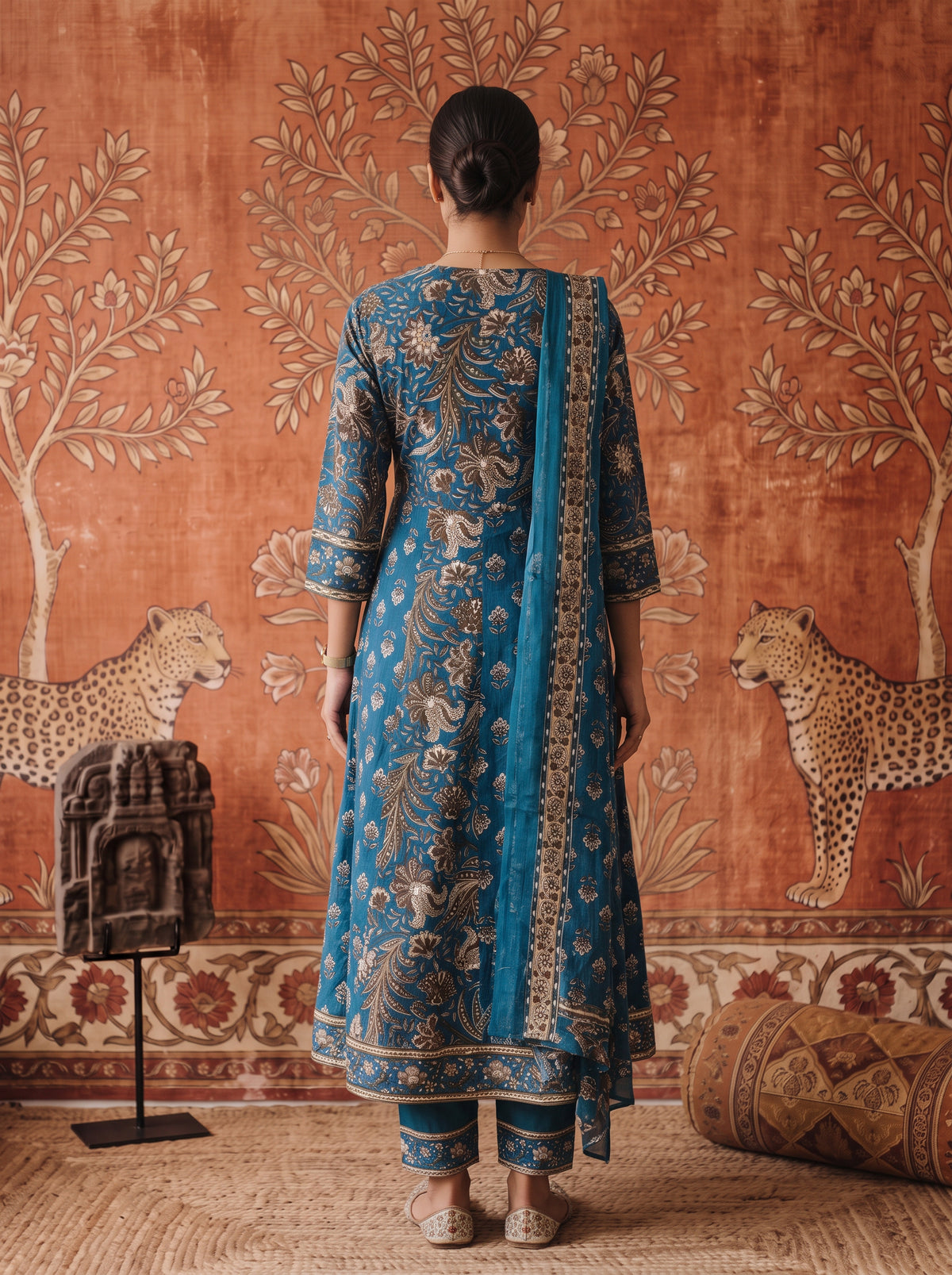 Cotton Printed Flared Calf Length Kurta With Pant and Dupatta