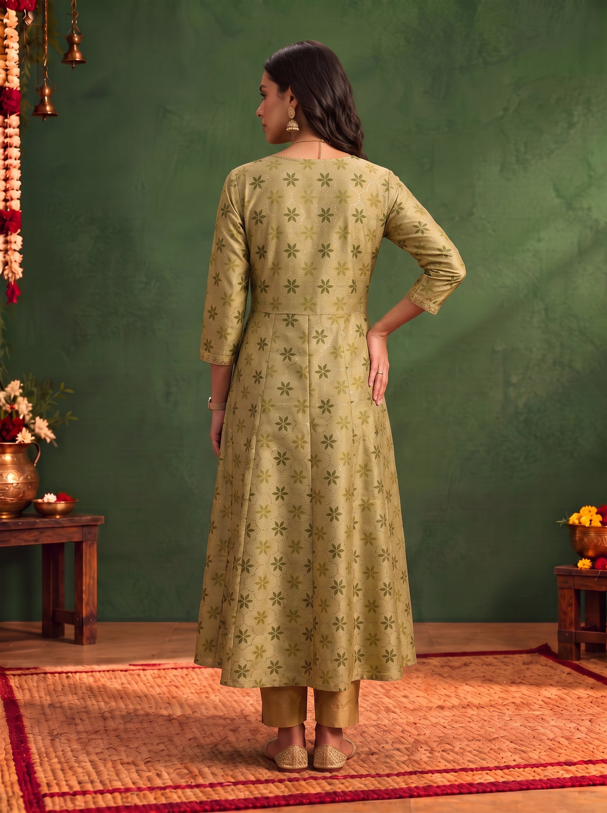 Buy Chanderi Embroidered Flared Calf Length Kurta-Green