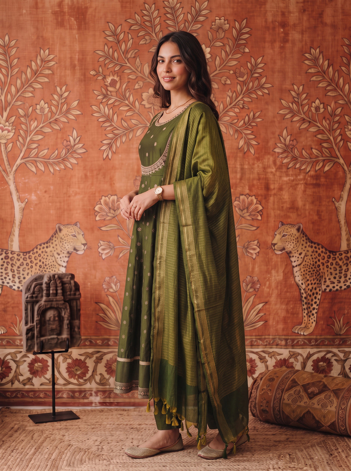 Buy Viscose Embroidered Flared Calf Length Kurta With Pant and Dupatta-Olive Green