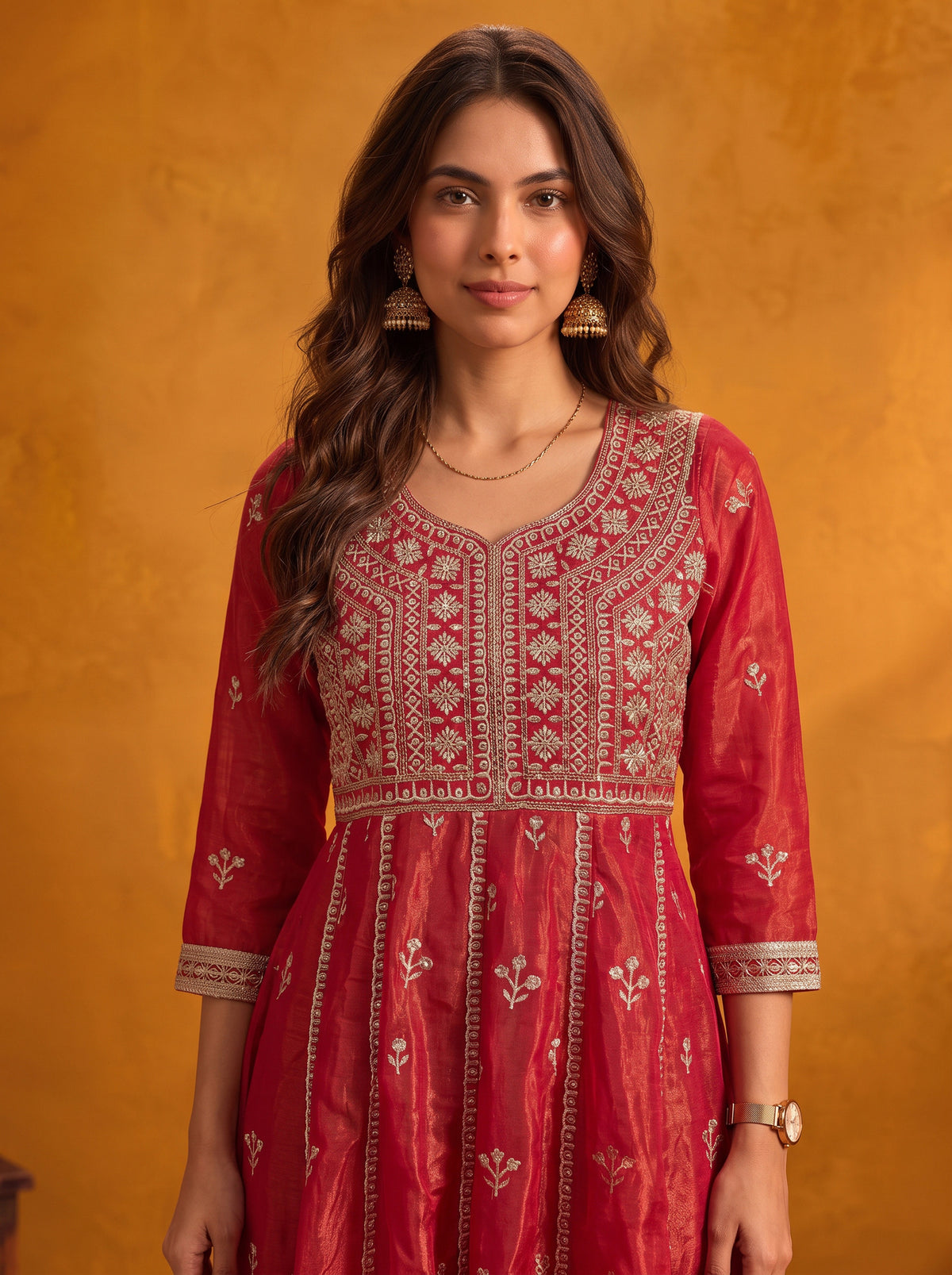 Buy Viscose Embroidered Flared Calf Length Kurta With Pant and Dupatta-Fuchsia