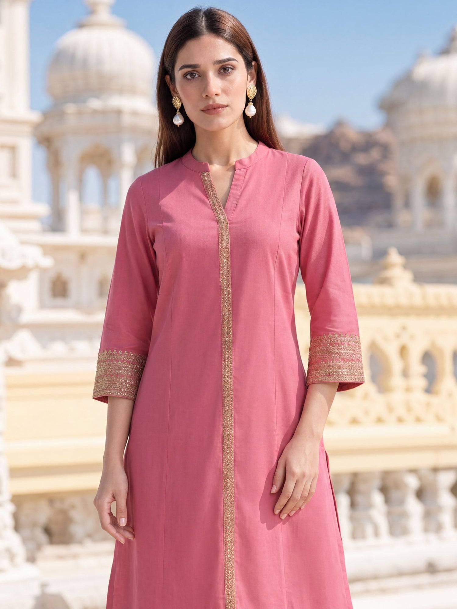 Buy Viscose Embroidered A-Line Calf Length Kurta-Pink
