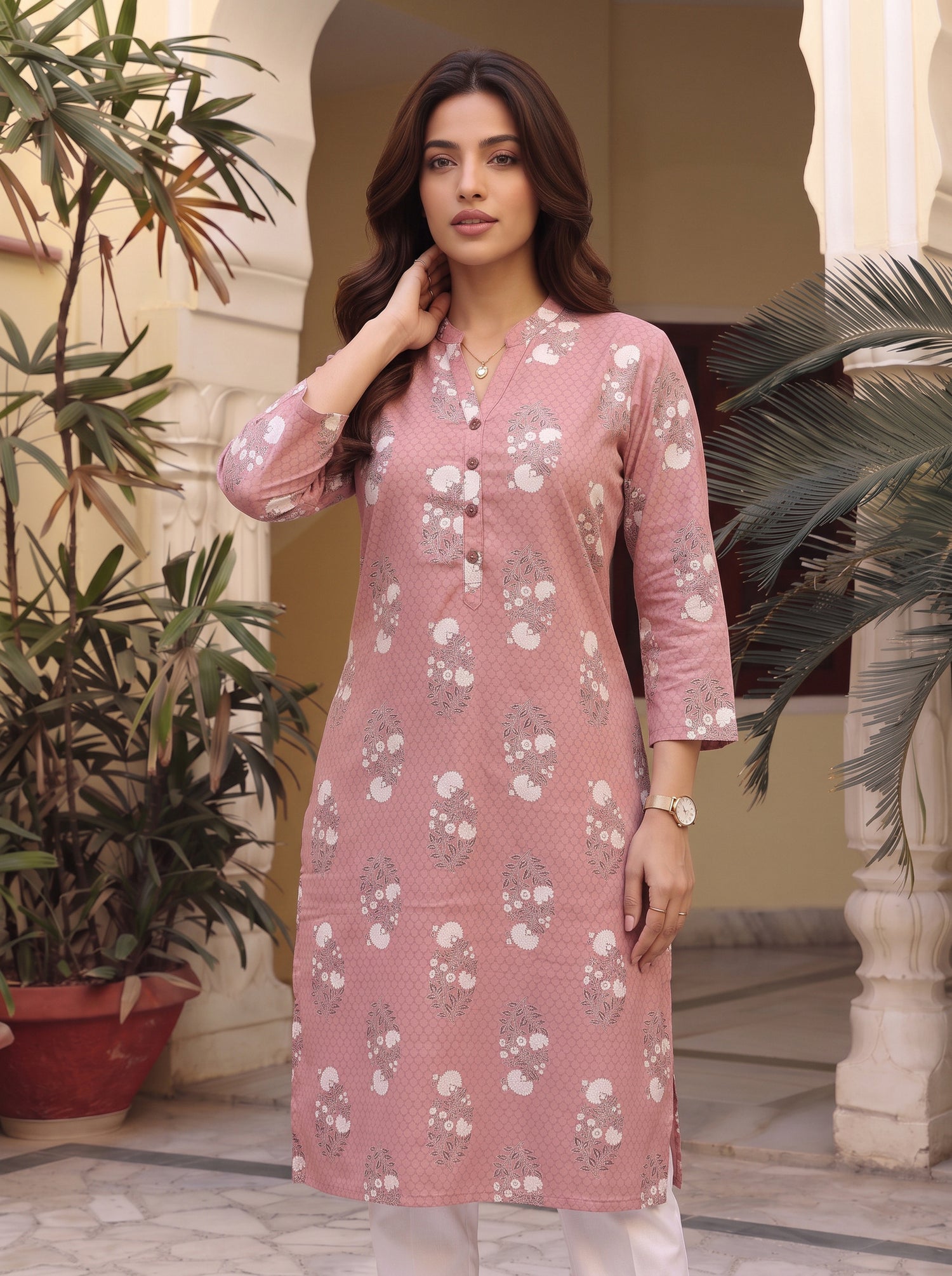 Buy Cotton Printed Straight Knee Length Kurta-Pink