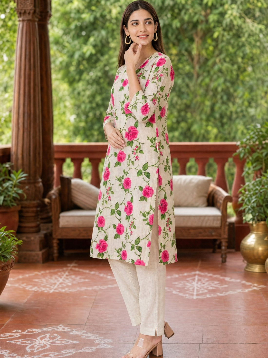 Buy Cotton Printed Straight Knee Length Kurta-Off White