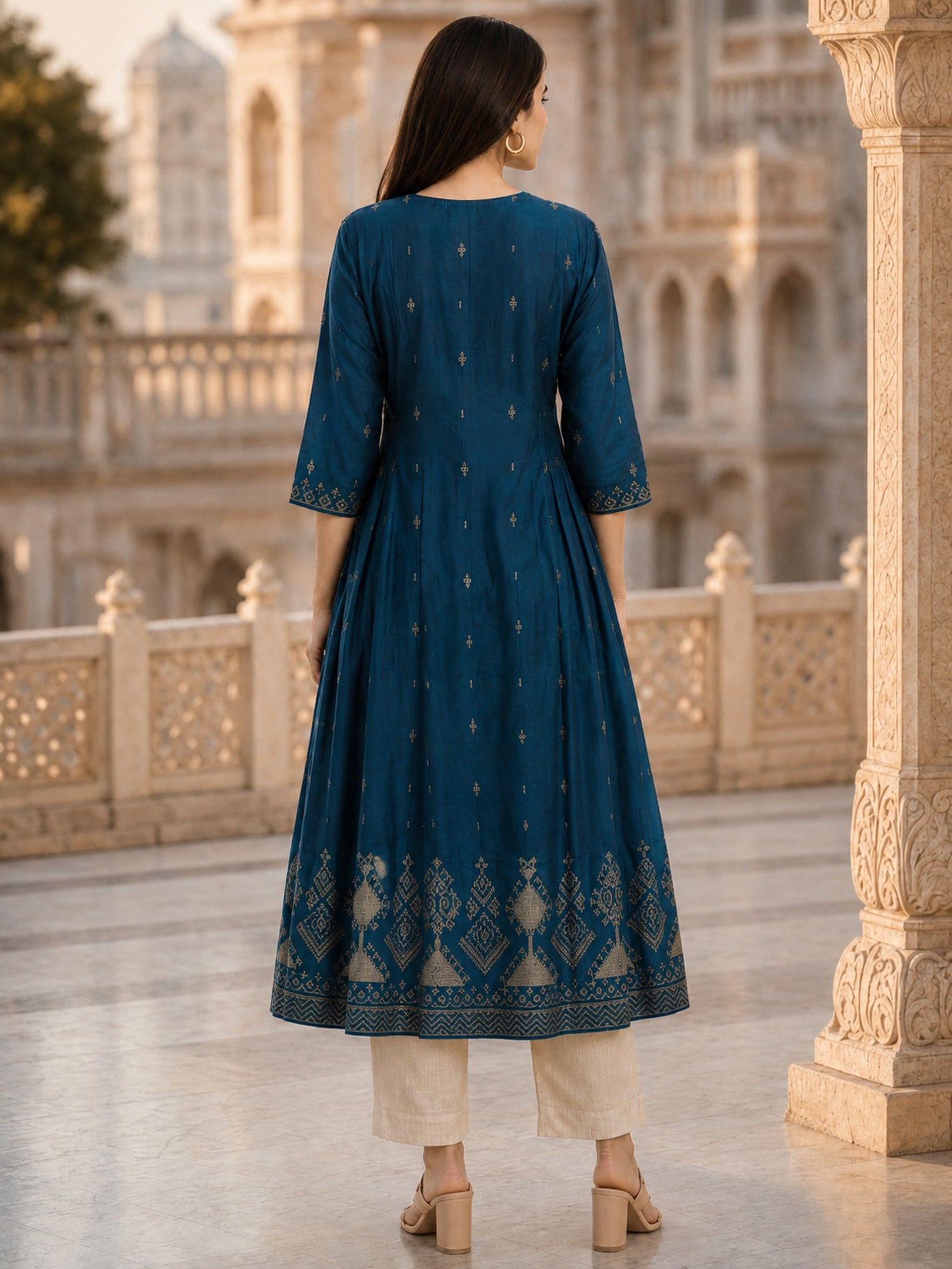 Viscose Embroidered Flared Calf Length Kurta