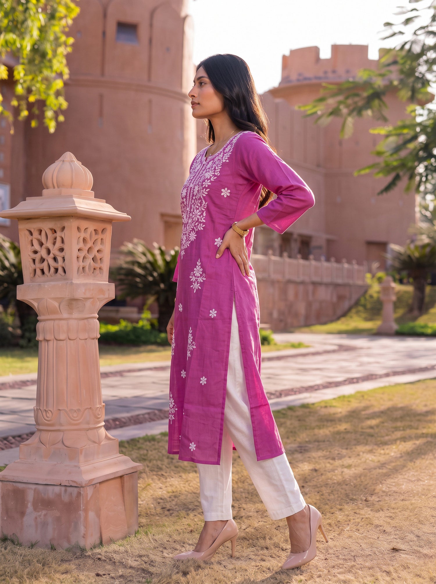 Buy Cotton Embroidered Straight Calf Length Kurta-Pink