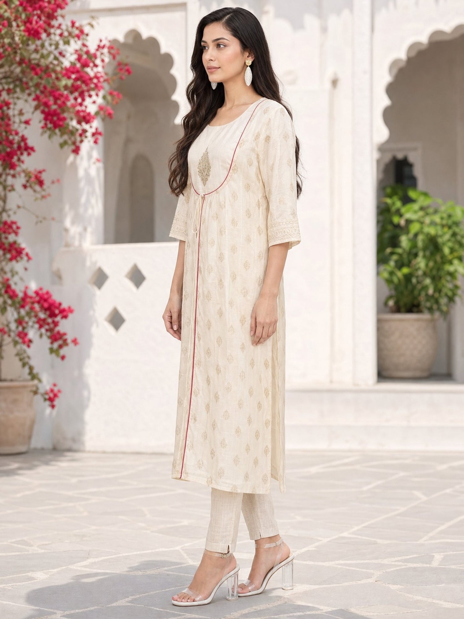 Chanderi Embroidered Flared Calf Length Kurta