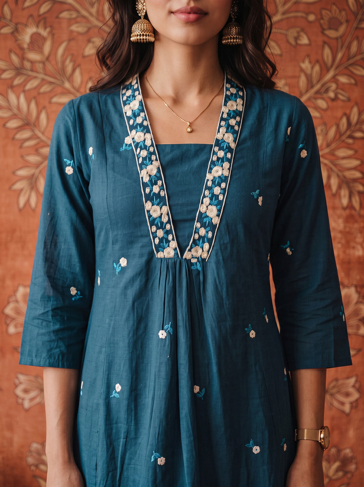 Cotton Embroidered Flared Calf Length Kurta