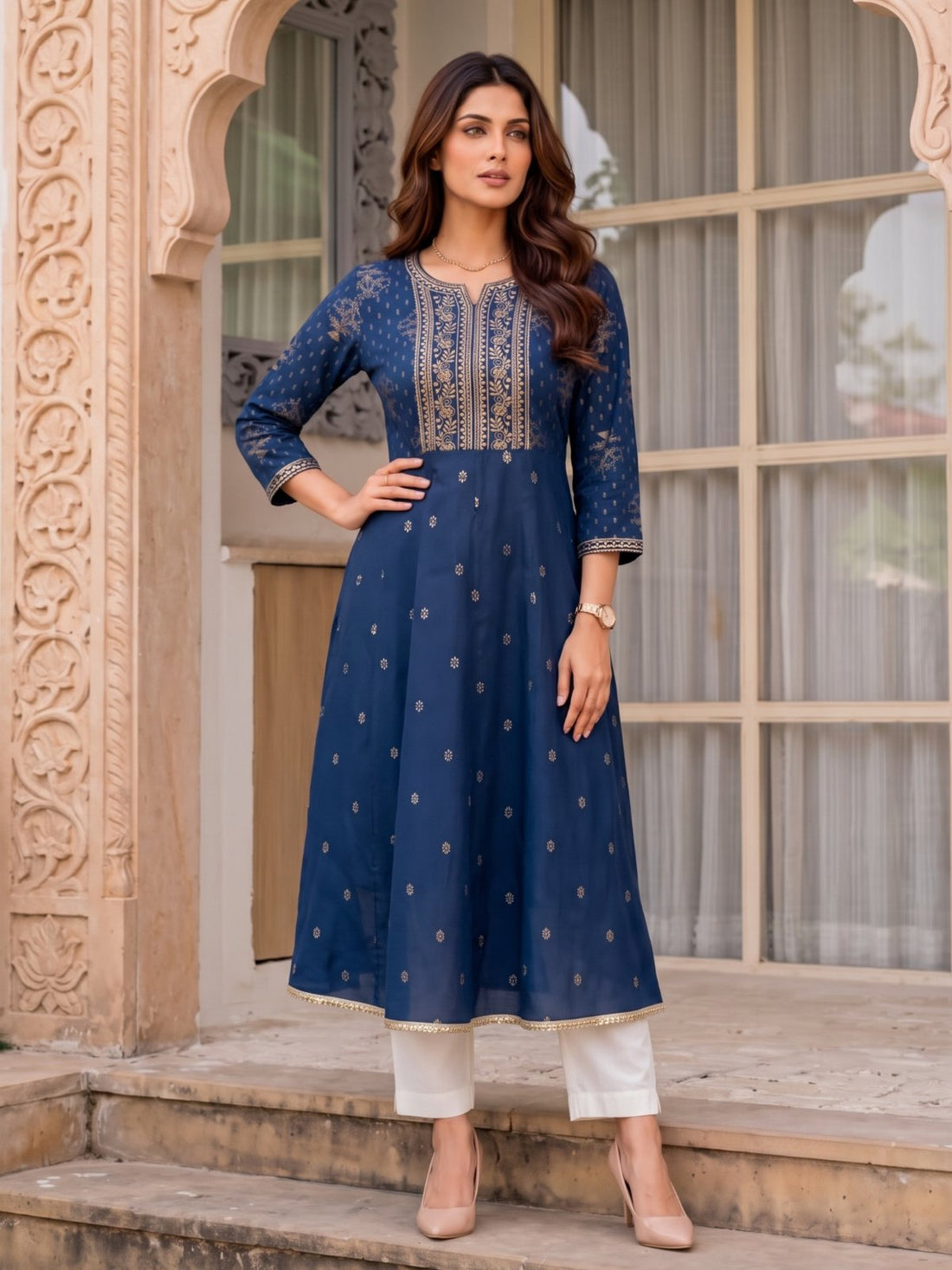 Buy Rayon Embroidered Flared Calf Length Kurta-Teal