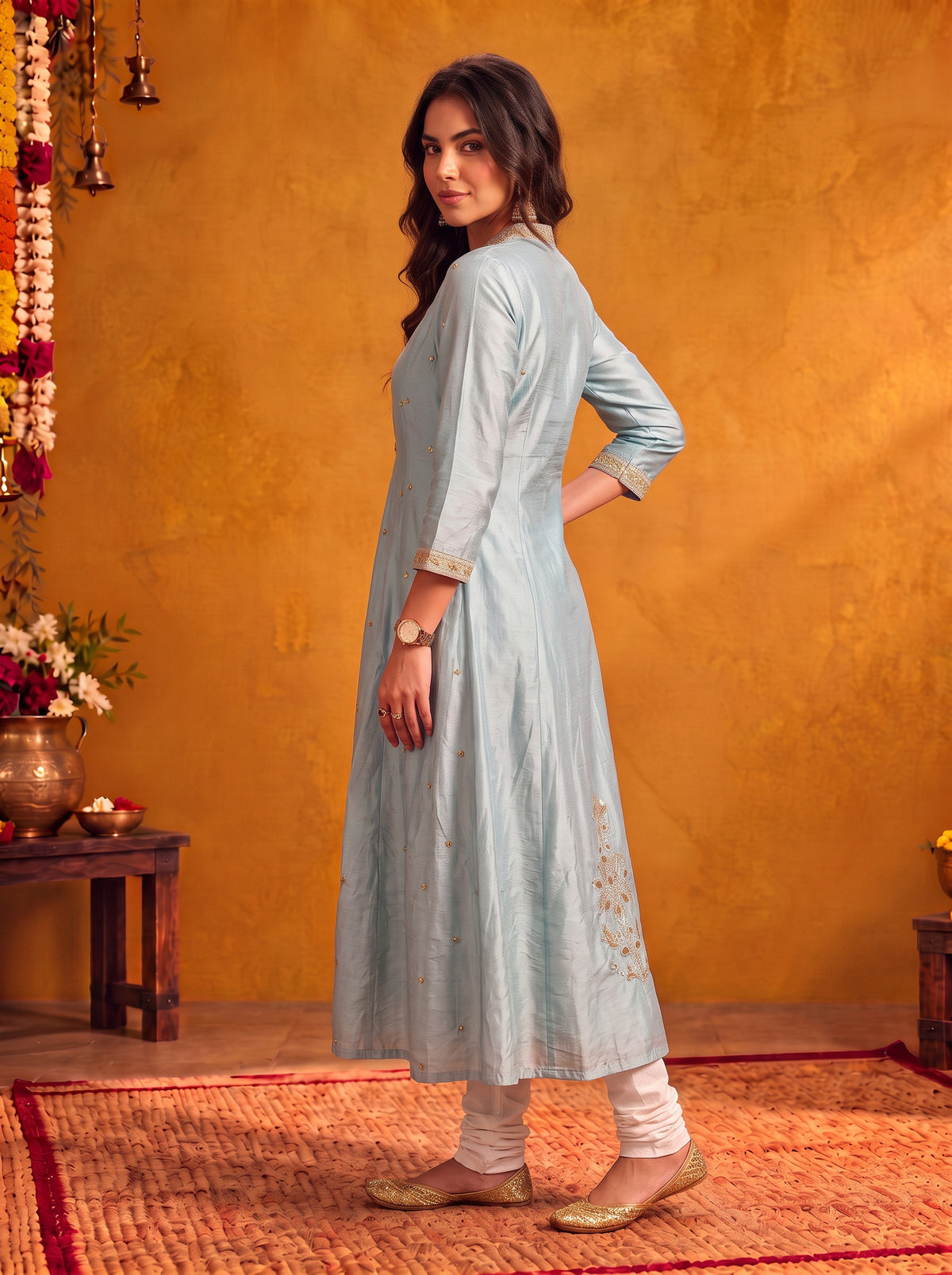 Viscose Embroidered Flared Calf Length Kurta