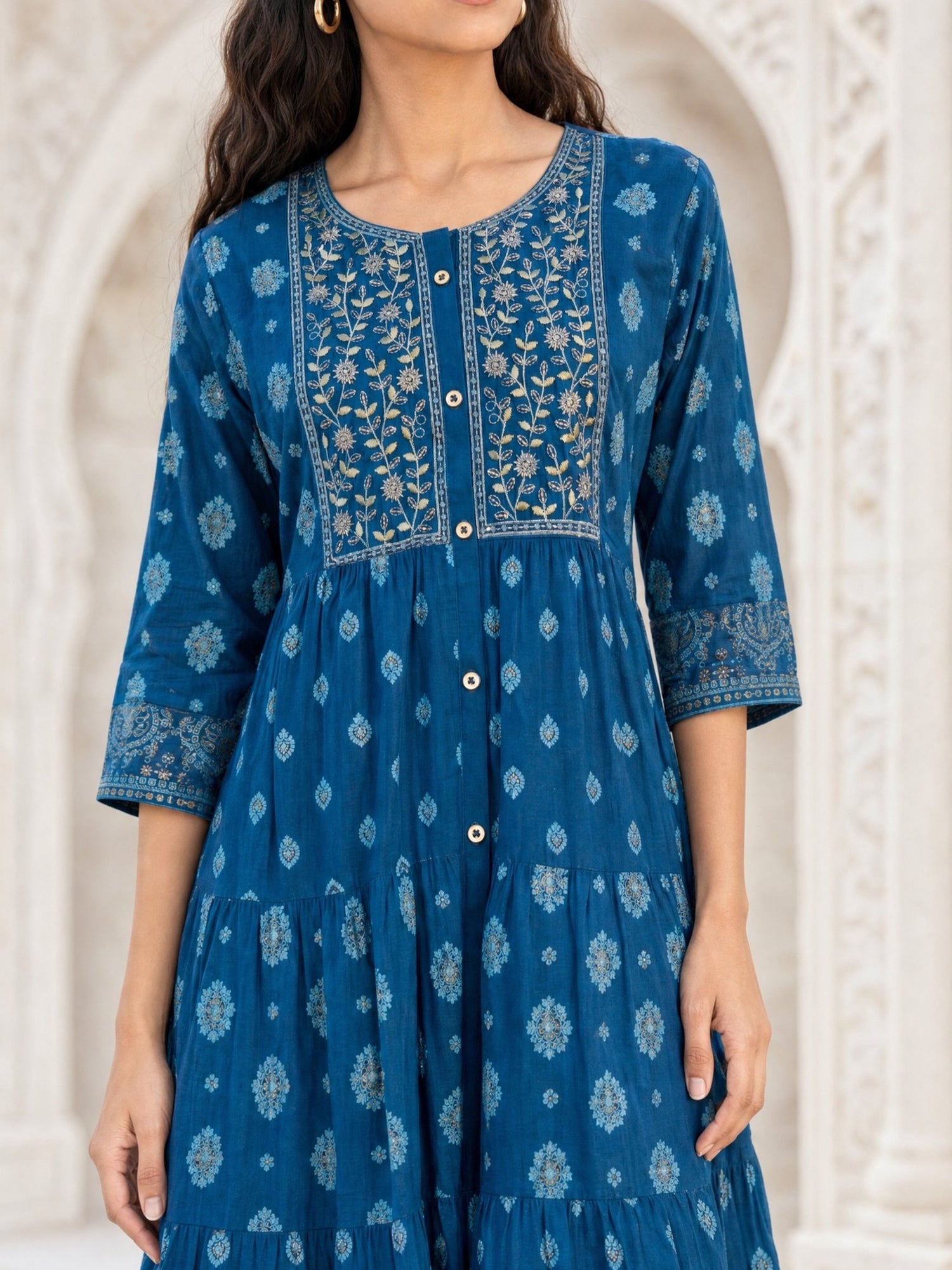 Viscose Embroidered Flared Calf Length Dress