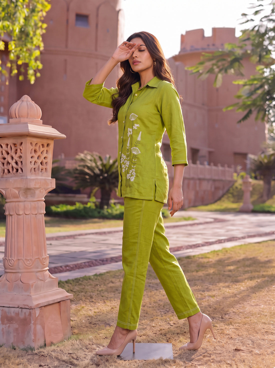 Buy Cotton Embroidered A-Line Co-Ord Set-Olive