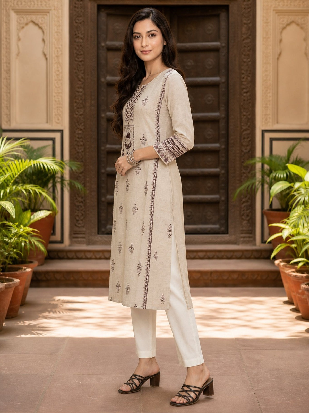 Cotton Embroidered Straight Calf Length Kurta