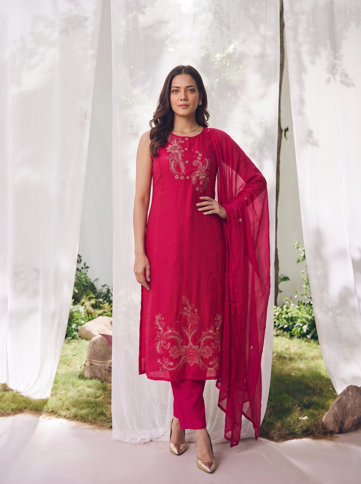 Buy Rayon Embroidered A-Line Calf Length Kurta With Pant-Fuschia