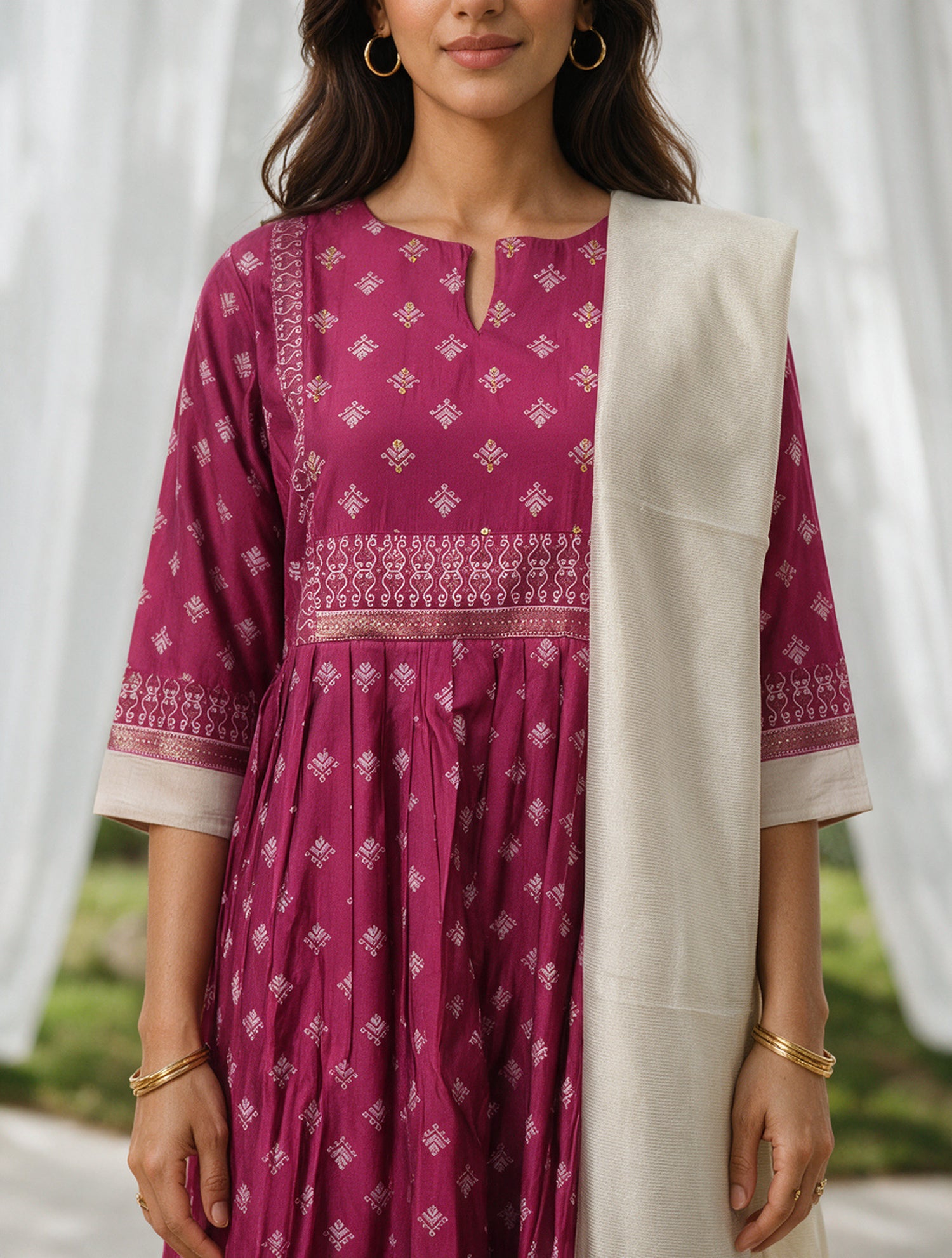 Buy Viscose Printed Flared Calf Length Kurta With Pant and Dupatta-Fuschia