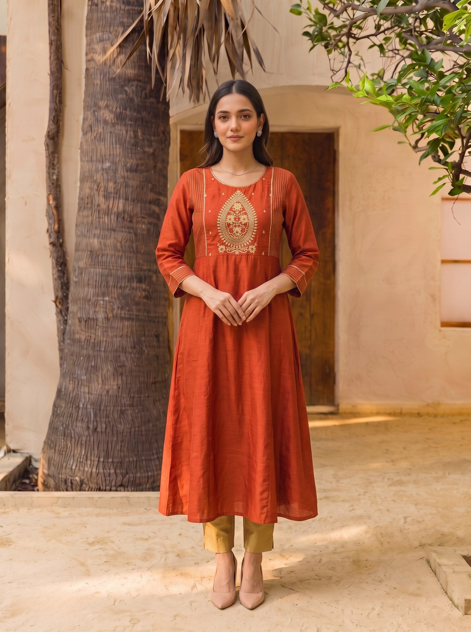 Buy Viscose Embroidered Straight Calf Length Kurta-Rust