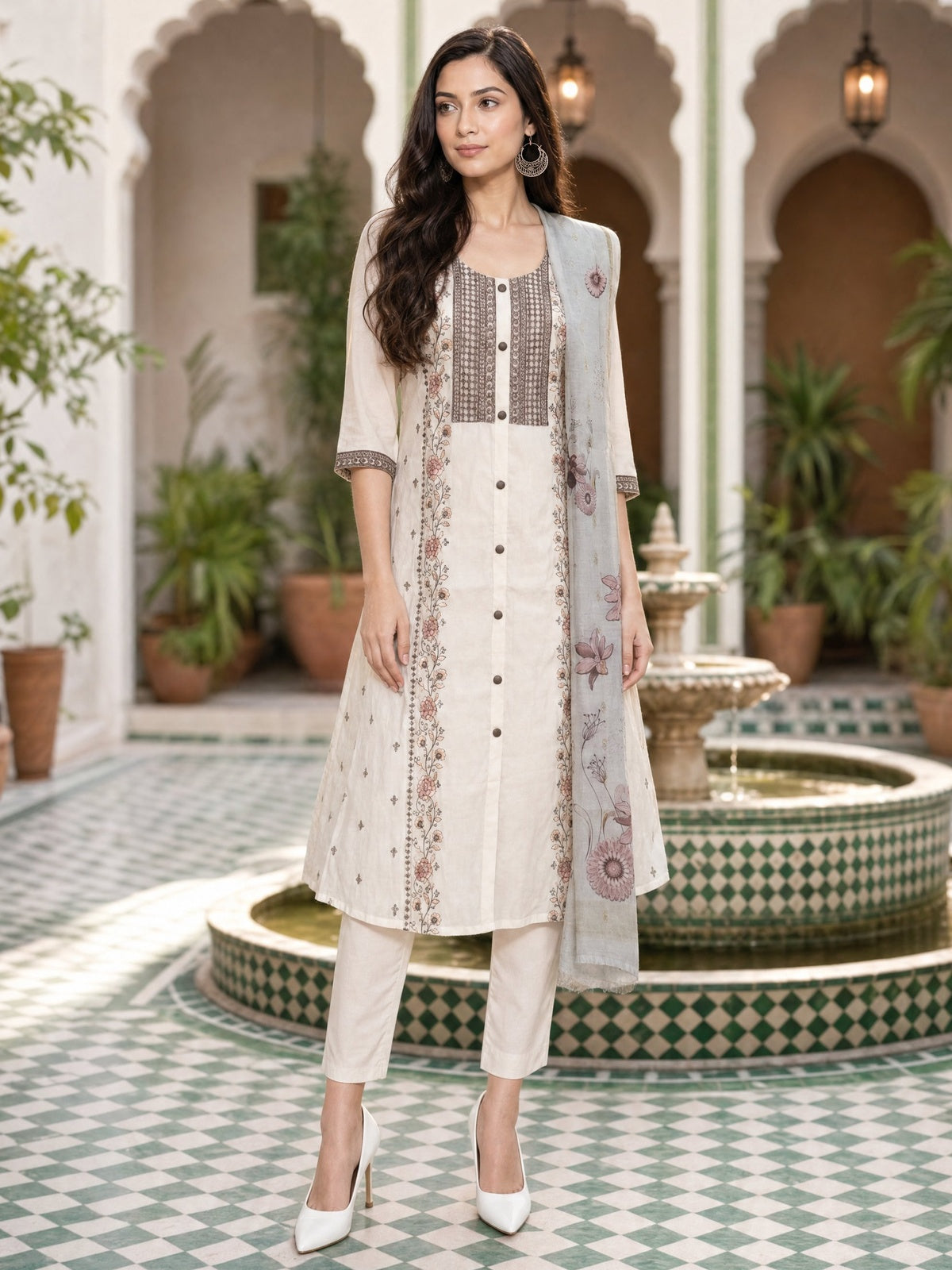 Viscose Embroidered Anarkali Calf Length Kurta With Pant and Dupatta