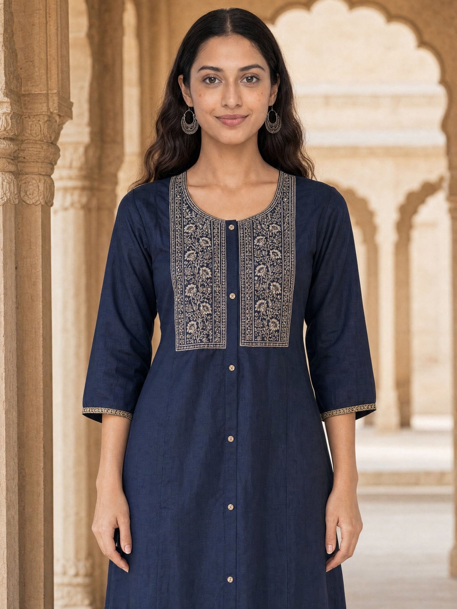 Buy Viscose Embroidered A-Line Calf Length Kurta-Blue