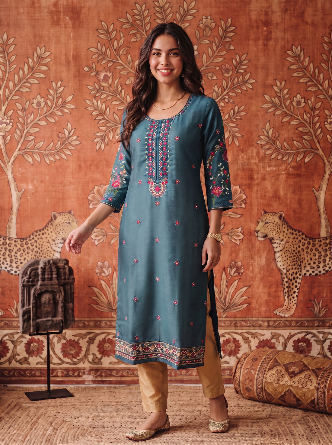 Buy Viscose Embroidered Straight Calf Length Kurta-Teal