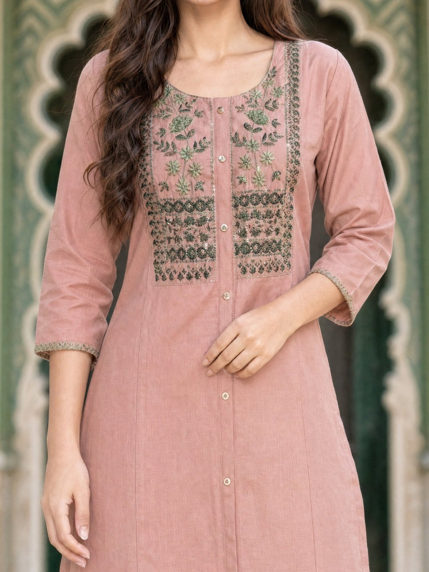 Buy Viscose Embroidered A-Line Calf Length Kurta-Peach