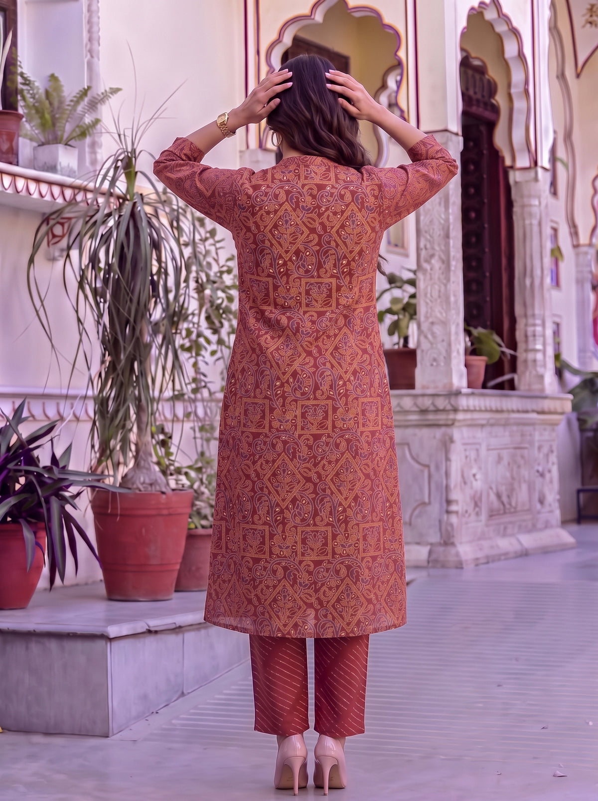 Buy Viscose Printed A-Line Calf Length Kurta With Pant-Maroon